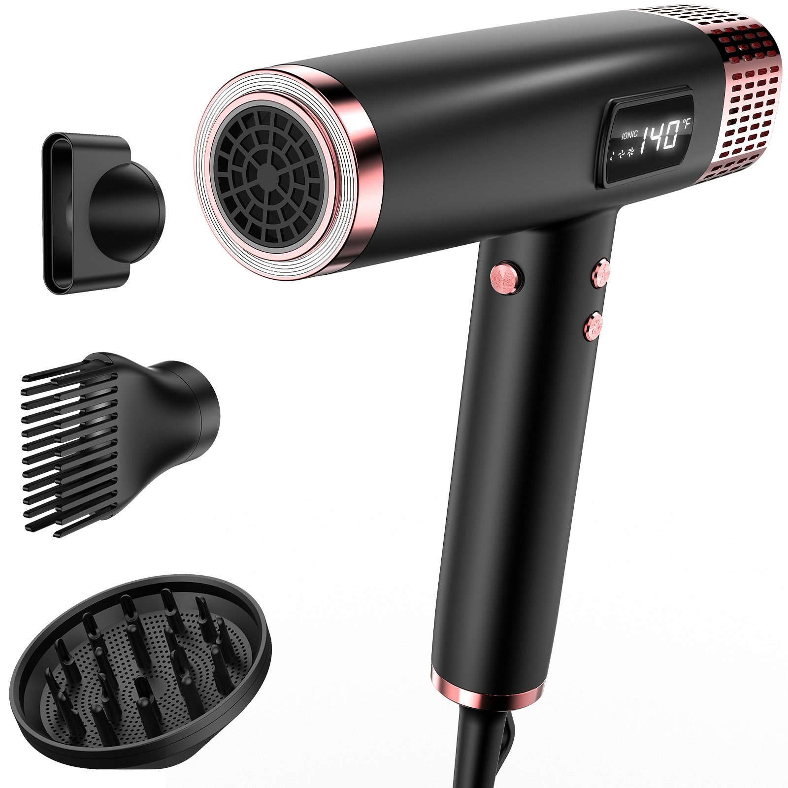 Rolipo Ionic-Haartrockner 200 Mio. Ionen-Haartrockner 1875W, 110.000 U/min, Multihaarstyler, 1875 W, Dual Voltage, LED-Display, 3 Aufsätze für glänzendes, frizzfreies Haar