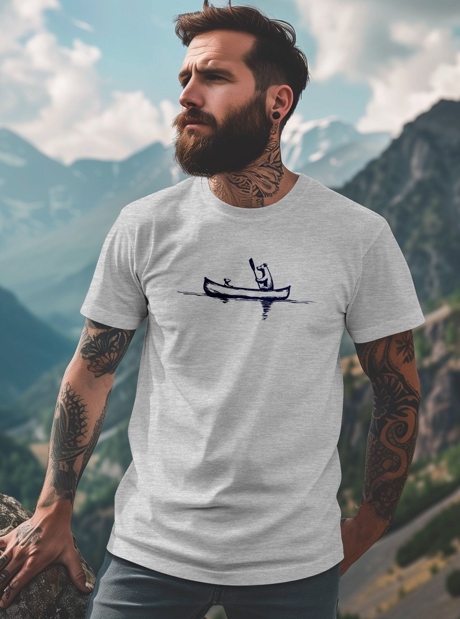 Neverless Print-Shirt Herren T-Shirt Bär Familie Kanu Outdoor Fashion Streetstyle mit Print