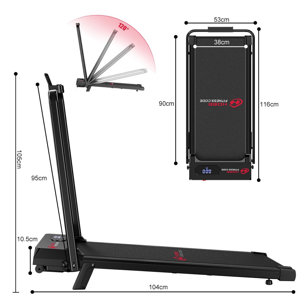 HOMEFITNESSCODE Laufband 3-in-1 Klappbares Laufbänder mit 5 % Steigung (Fernbedienung – LED-Display – 120 kg Tragkraft), elektrisches Laufband mit Armlehnen – 1–6 km/h – 2,5-PS-Motor