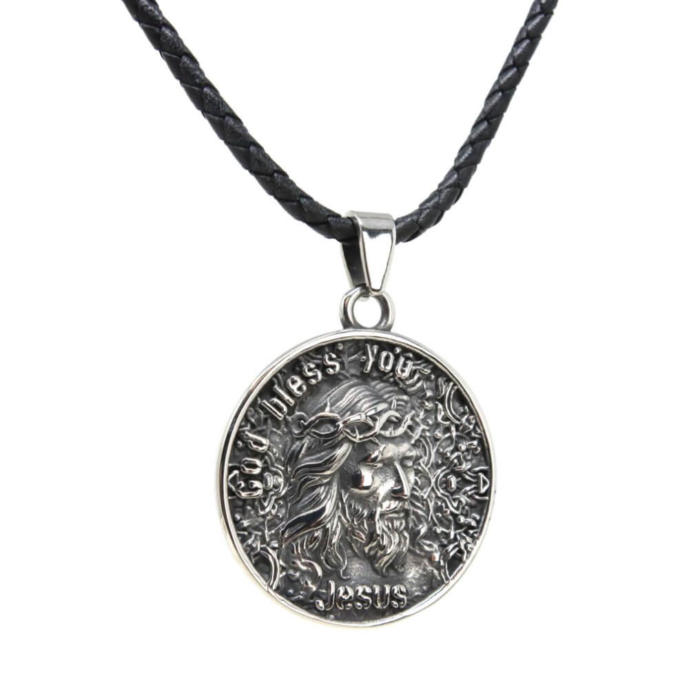 Kette mit Anhänger Lederkette Edelstahlkette 316L JESUS AMULETT