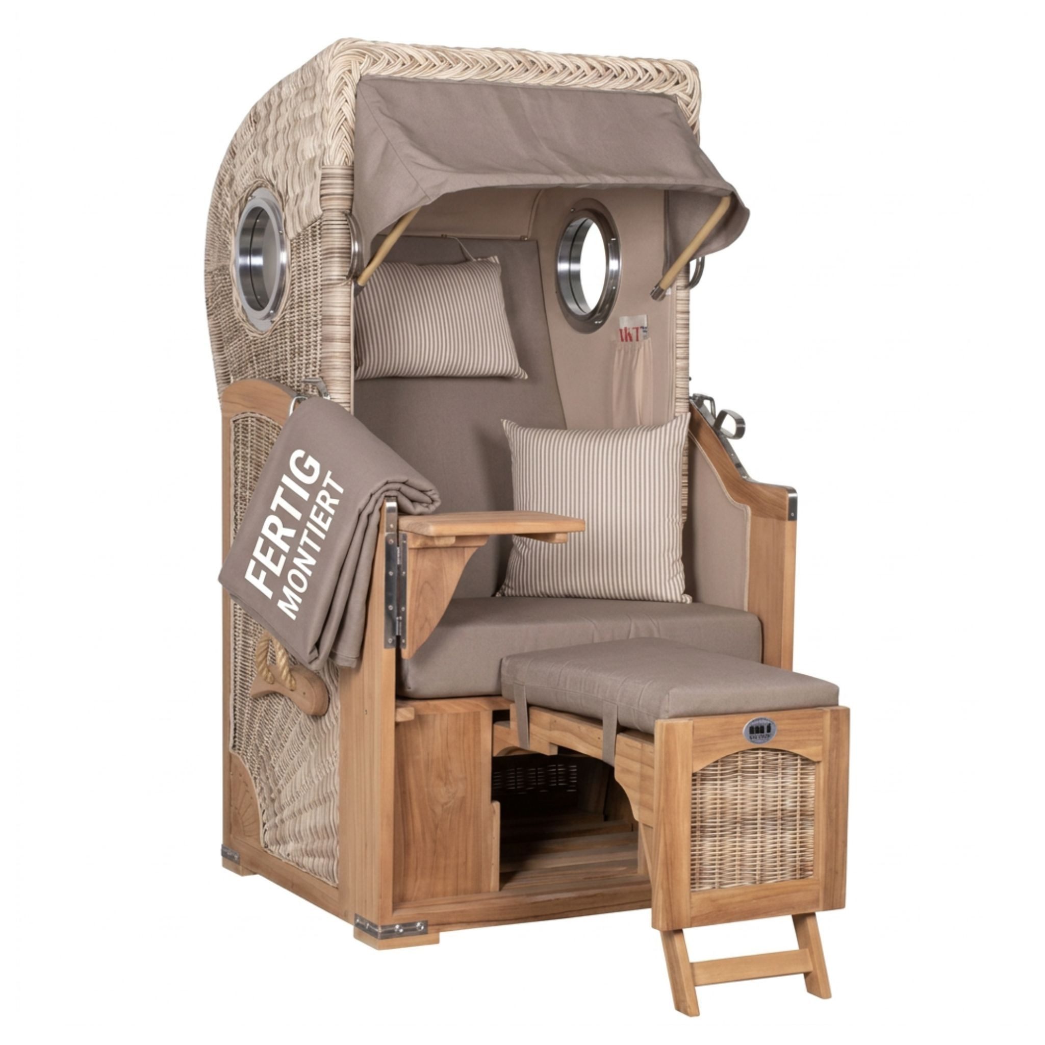 MR.DEKO Strandkorb 1-Sitzer Single Teak Shell Volllieger mit Bullaugen, BxTxH: 96x80x165 cm, Vollieger, Düne Single, (Fertig montierter Strandkorb für Garten, Terrasse & Balkon, 1-tlg), Wetterfester Volllieger mit Edelstahlbeschlägen & waschbaren Polstern