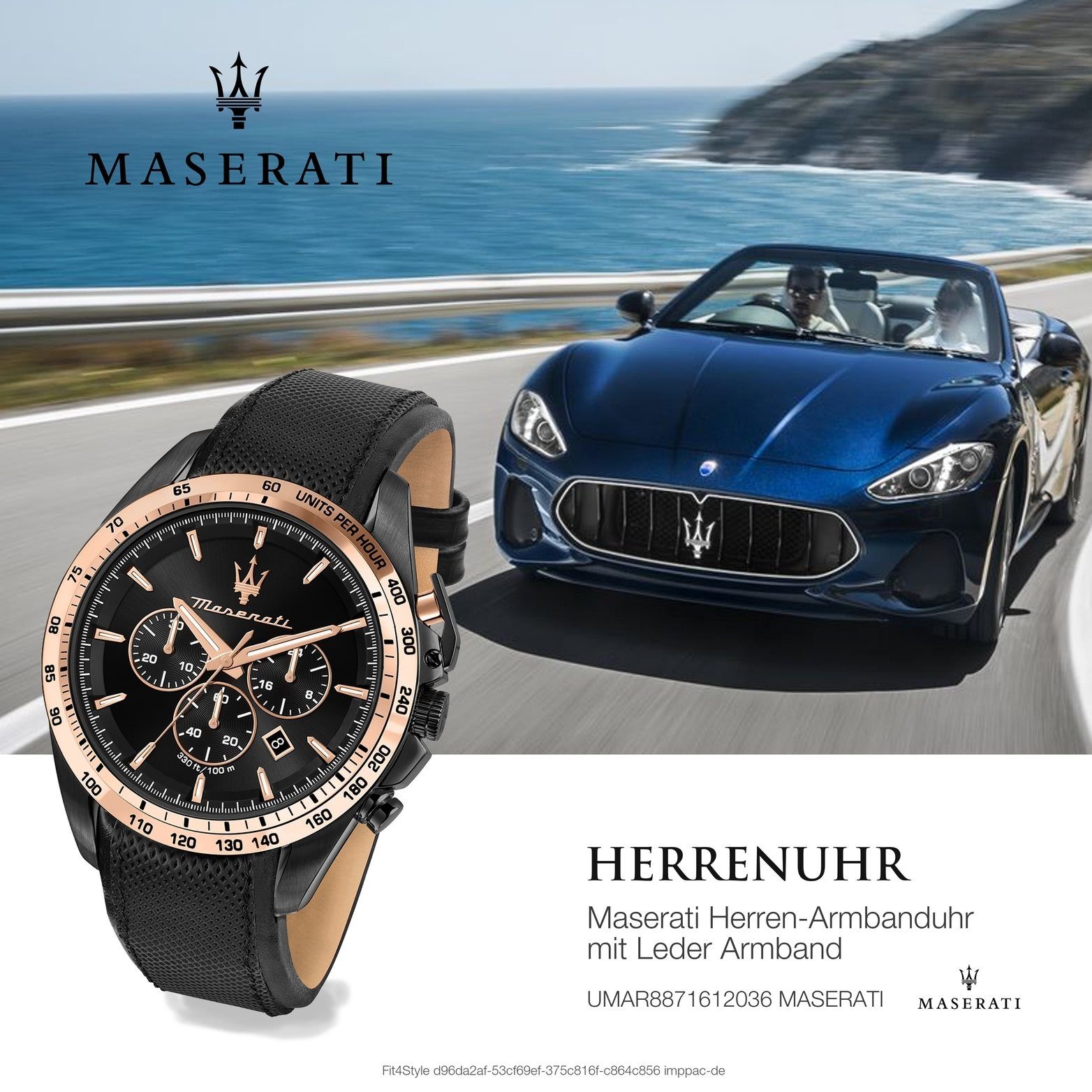MASERATI Chronograph schwarz groß Herrenuhr Armband-Uhr, Leder Maserati rundes Lederarmband, 45mm) (ca. Gehäuse