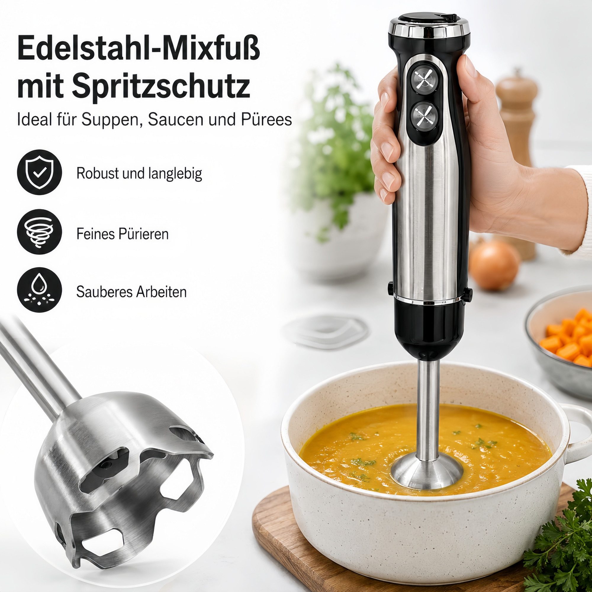 ibettertec Stabmixer 5-in-1 mixer Set,Edelstahl Pürierstab mit stufenloser Geschwindigkeit, 1500 W, Zerkleinerer, Schneebesen, Milchaufschäumer und Messbecher