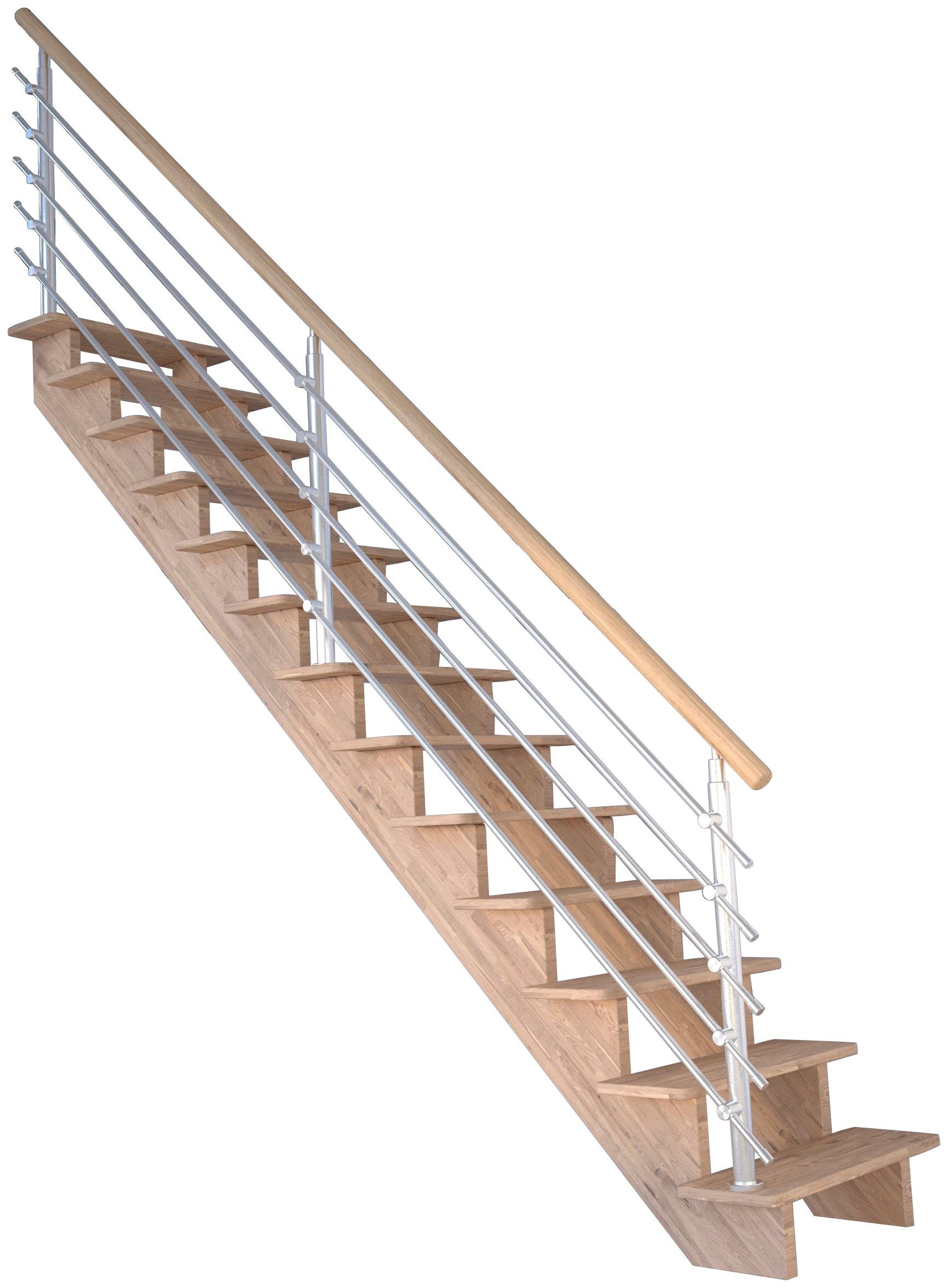 Starwood Systemtreppe Massivholz Lindos, Design-Geländer Edelstahl, für Geschosshöhen bis 300 cm, Stufen offen, Durchgehende Wangenteile