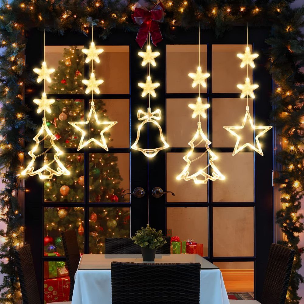 JOYOLEDER Lichterkette Beleuchtetes Weihnachtsbeleuchtung Saugnapf mit Lichtervorhang, LED Fenster Deko Hängende Schneeflocke