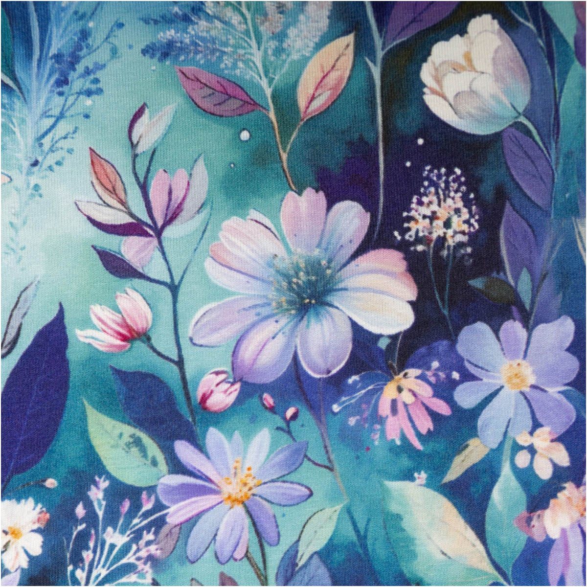 SCHÖNER LEBEN. Stoff Viskose Jersey Meterware Blumen blau mint lila 150 cm, abwaschbar