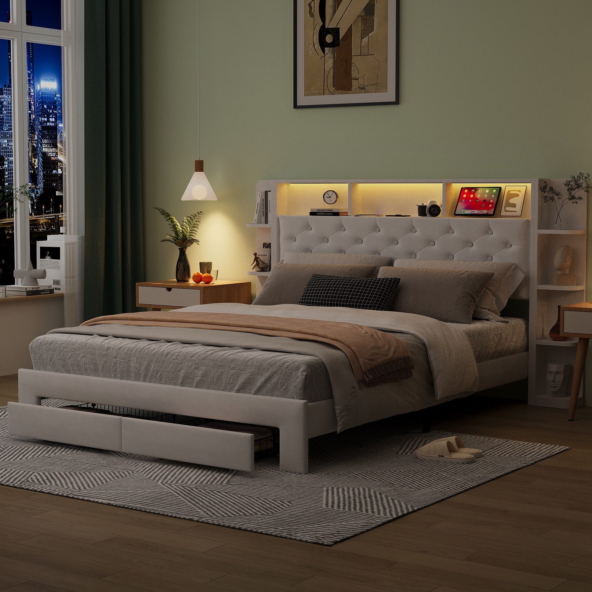 zebery Polsterbett Doppelbett mit LED-Beleuchtung und 2 Schubladen (Set, 1-tlg., Kopfteil mit Aufbewahrungsregale und USB Ladeanschluss), für Erwachsene Jugendliche, Samt, Ohne Matratze, 200x140 cm