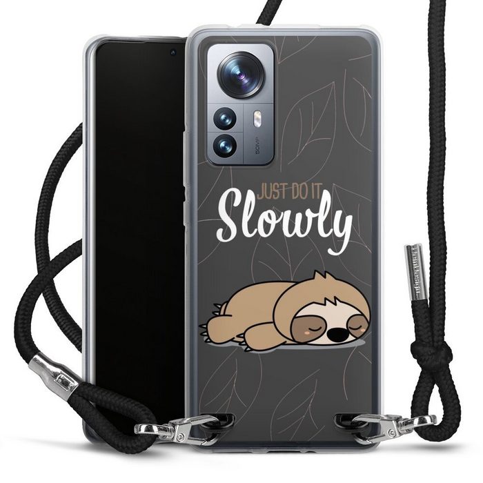 DeinDesign Handyhülle lazy sunday Sprüche Faultier Just Do It Slowly Sloth Grey Xiaomi 12 Pro 5G Handykette Hülle mit Band Case zum Umhängen