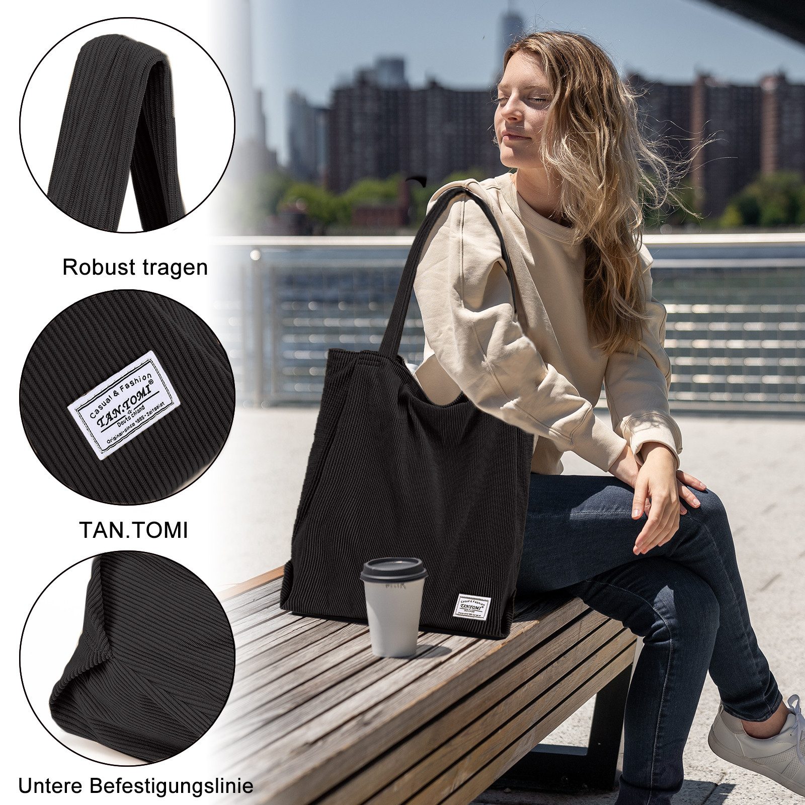 TAN.TOMI Shopper Tasche Damen Tote Bag mit Reißverschluss aus Cord Alltag, günstig online kaufen