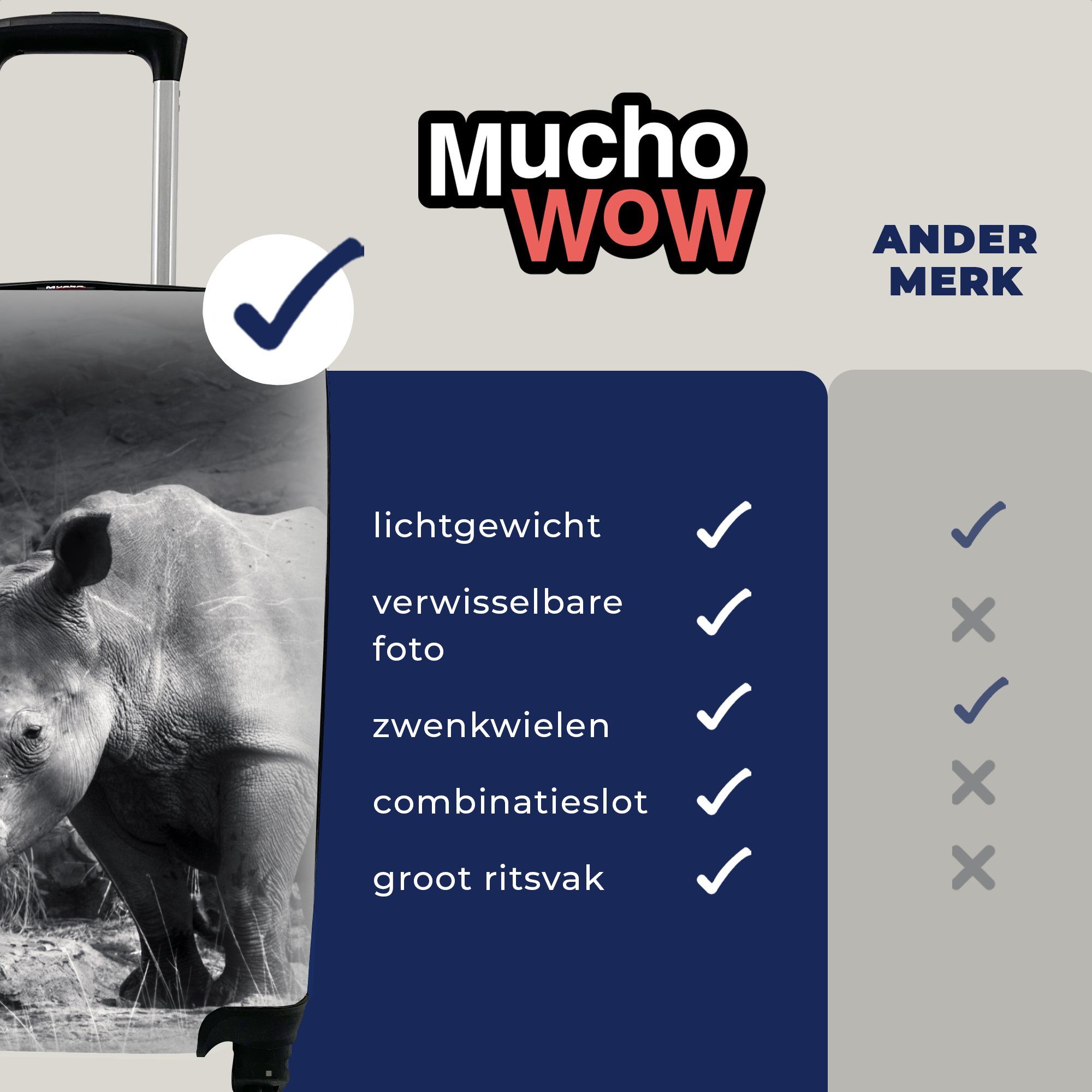 MuchoWow Handgepäckkoffer Rhinozeros mit - Reisetasche rollen, 4 Gras Handgepäck Schwarz - Trolley, Rollen, Weiß, Ferien, für - - Natur Reisekoffer