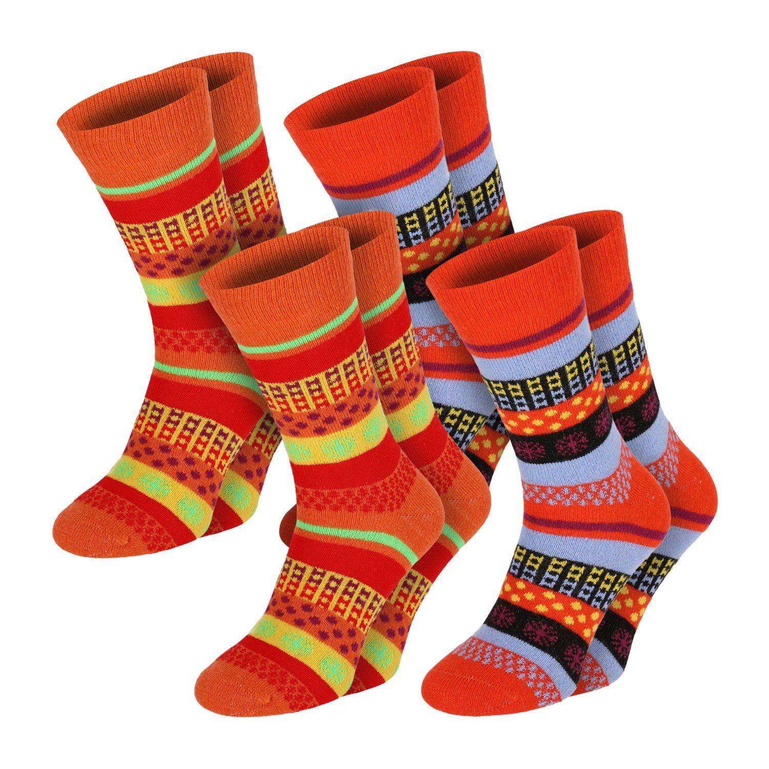 Chili Lifestyle Norwegersocken WOOL FASHION Wollsocken Schafwolle Socken in modischem Mustermix (Multipack, 4-Paar, 2 Farbdesigns) Weichbund ohne Gummidruck