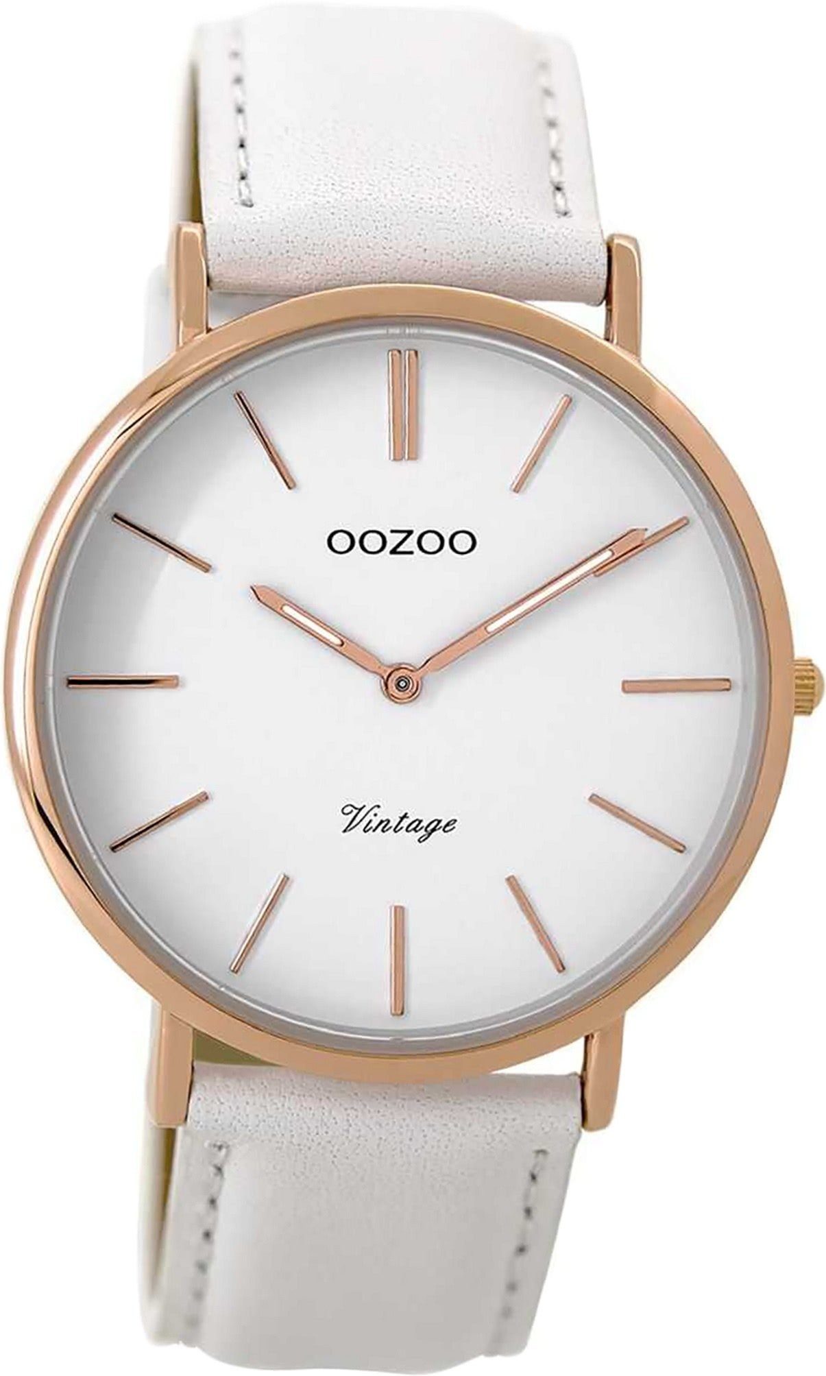OOZOO Quarzuhr Oozoo Leder Damen Uhr C9315 Quarzuhr, Damenuhr Lederarmband weiß, rundes Gehäuse, groß (ca. 40mm)