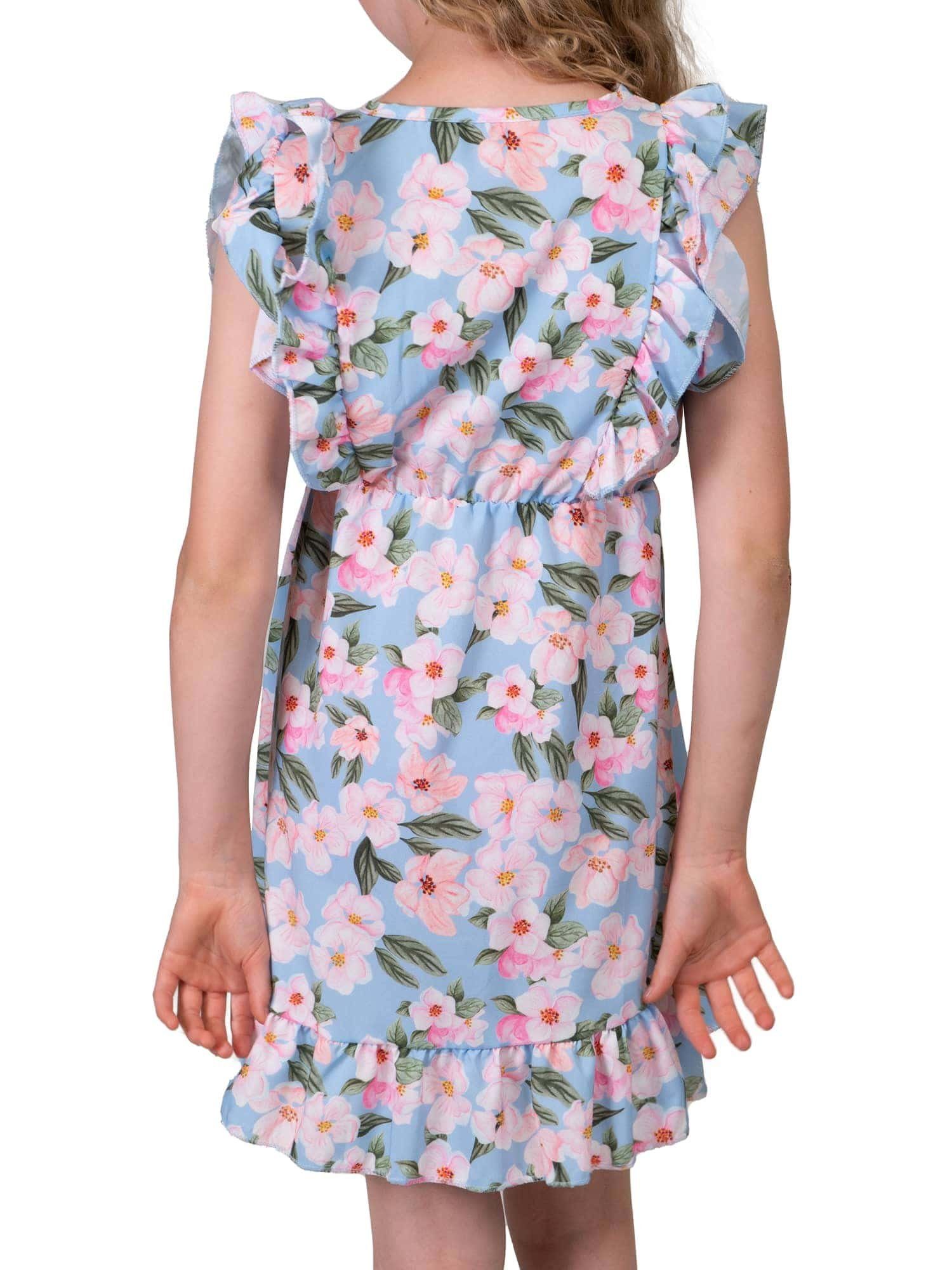 zu 30384 Mädchen KMISSO Volants tragen bequem (1-tlg) Sommerkleid Hellblau Blumenmotiv Kleid mit