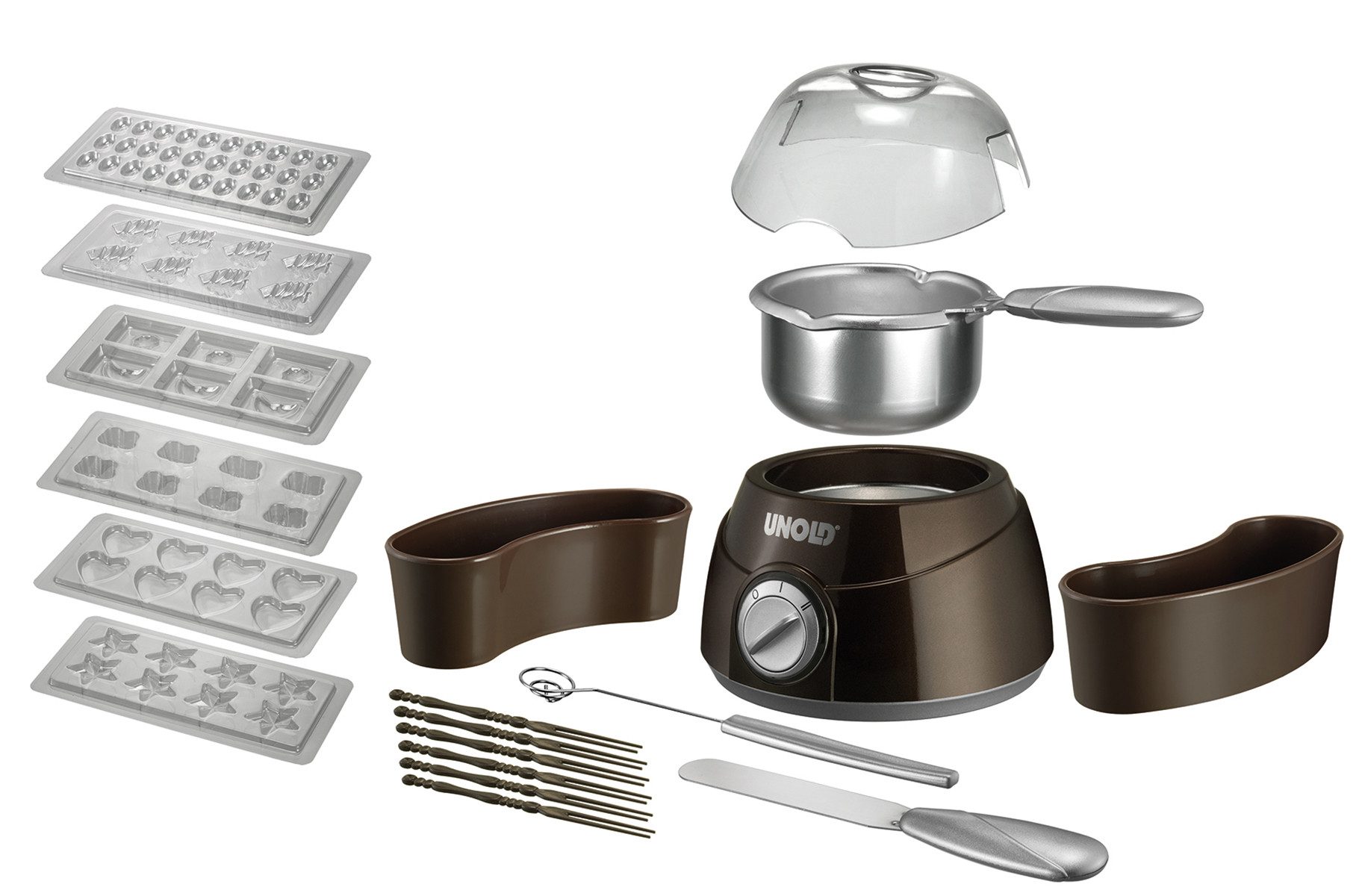 Unold Fondue Chocolatier 48667, 0,25 l, entnehmbarer Topf 2 Temperaturstufen mit umfangreichem Zubehör