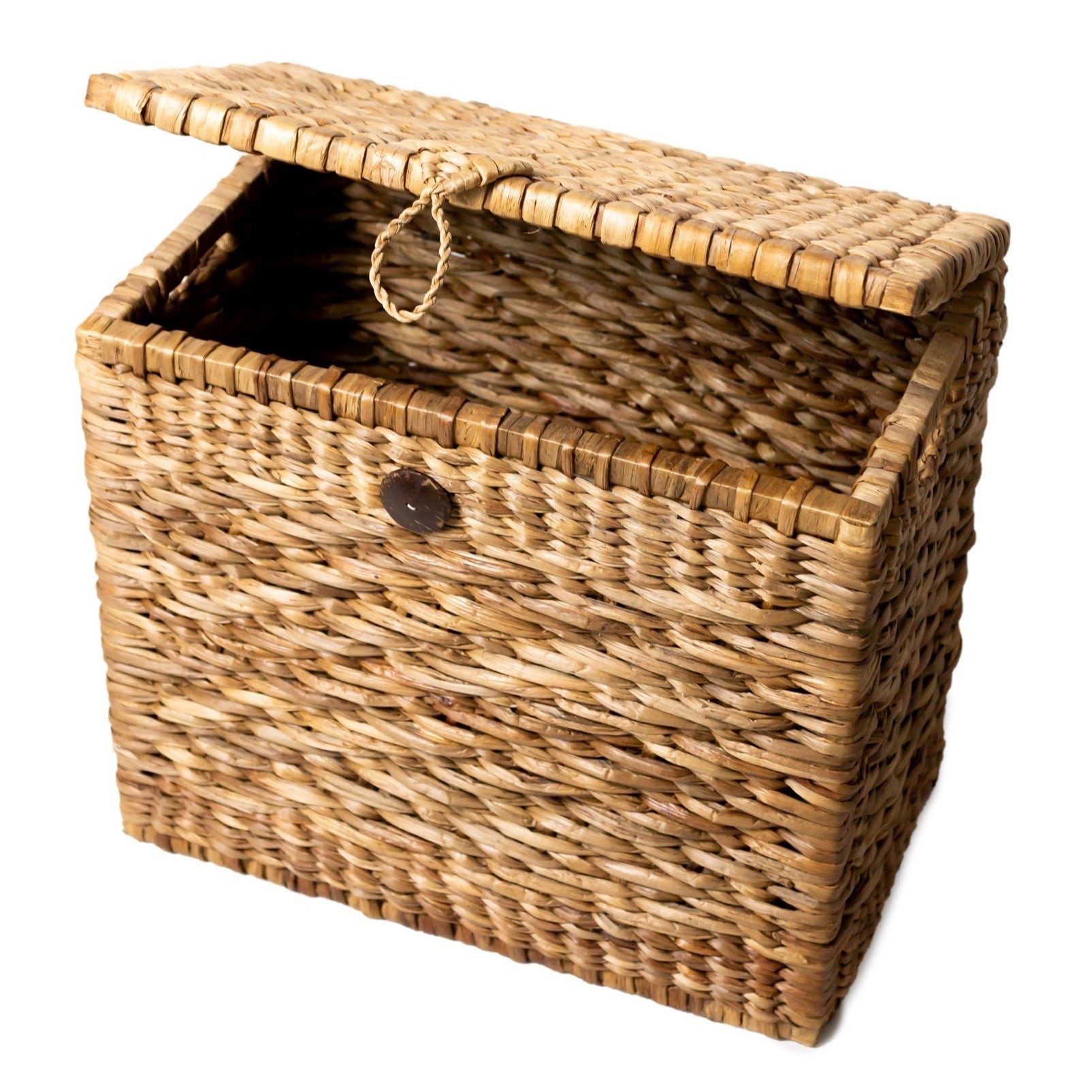 Soeji Aufbewahrungskorb KELANA (1 St), Aufklappbarer Deckel; Knopfverschluss; Holzrahmen