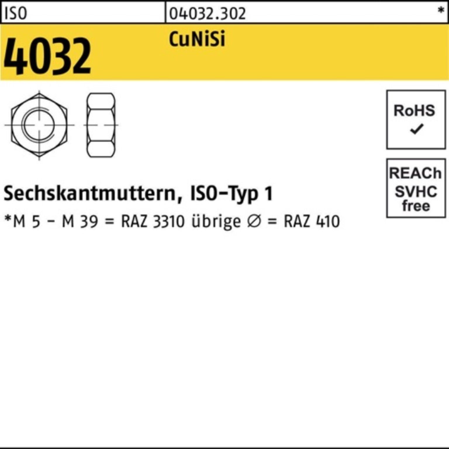 Bufab Muttern 100er Pack ISO Sechskantmutter ISO M16 CuN 4032 Stück CuNiSi 100 4032