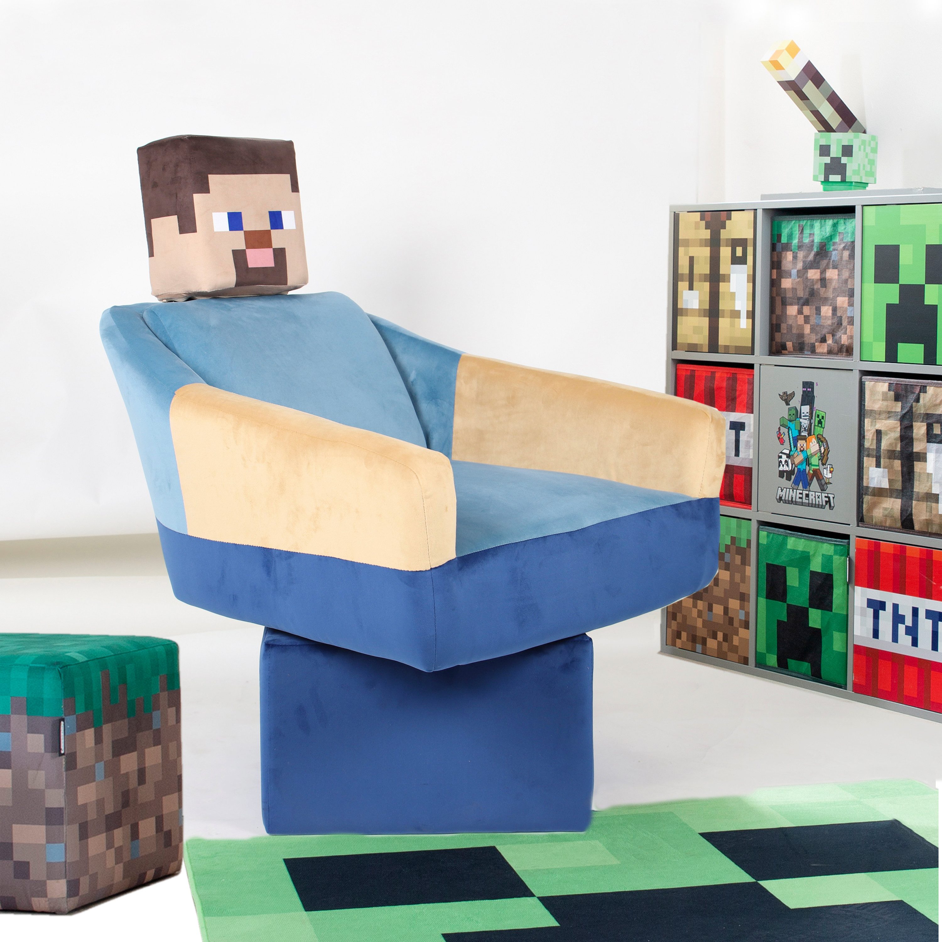 Minecraft Drehsessel für Kinder, Jugendliche & Erwachsene - praktische 360° Drehfunktion, Mit Lehne und Kopfstütze - im Design des Charakter Steve