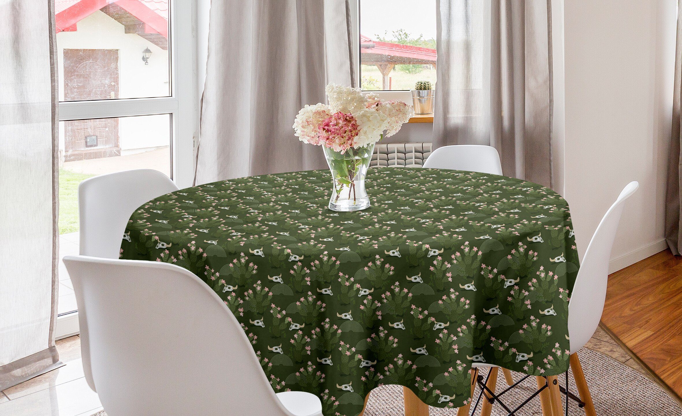 Abakuhaus Tischdecke Kreis Tischdecke Abdeckung für Esszimmer Küche Dekoration, Blumen Kaktus mit Blumen und Schädel