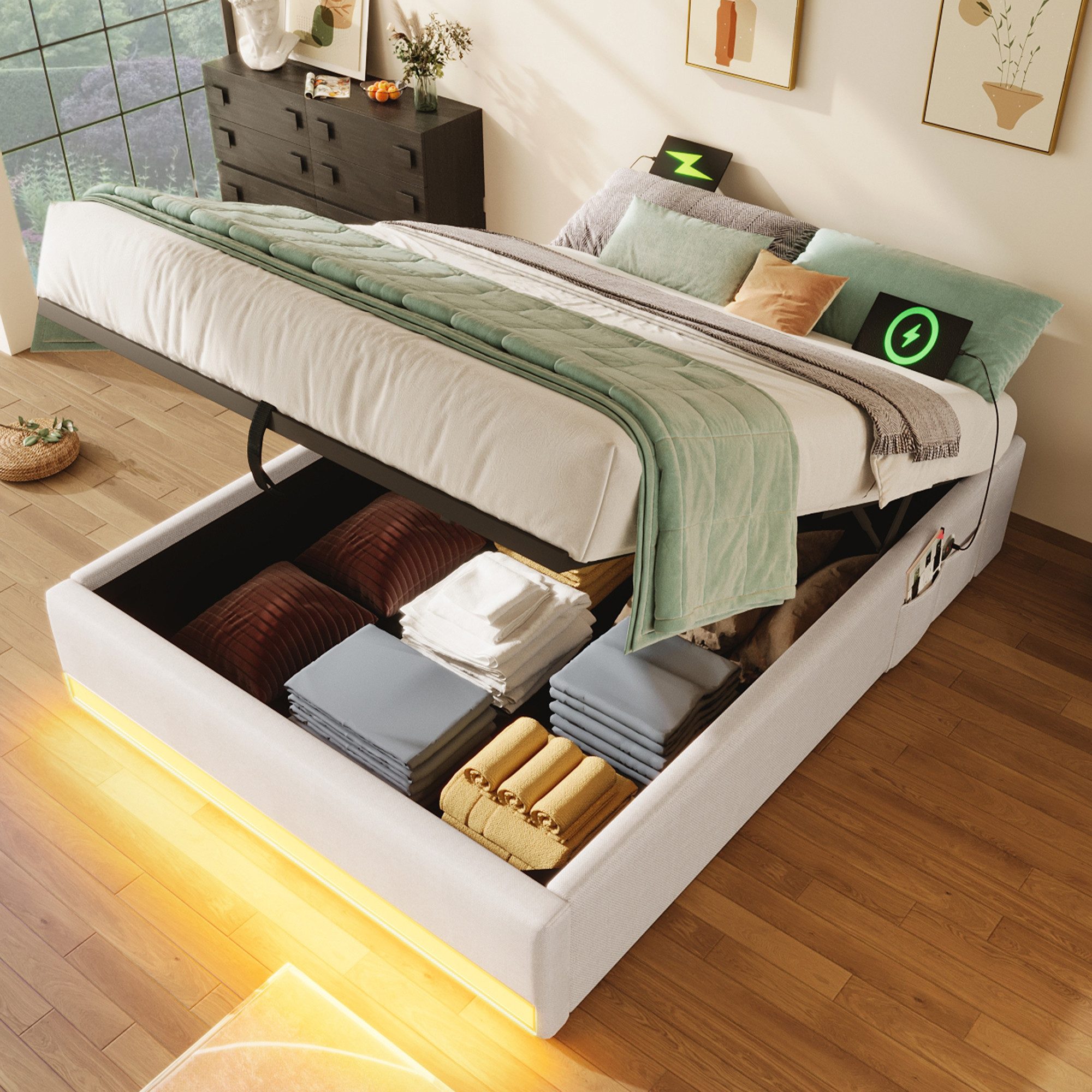 SOFTWEARY Futonbett mit LED-Beleuchtung und Aufbewahrung (mit Mehrfachsteckdose, 90x200 cm), Einzelbett ohne Kopfteil, Leinen
