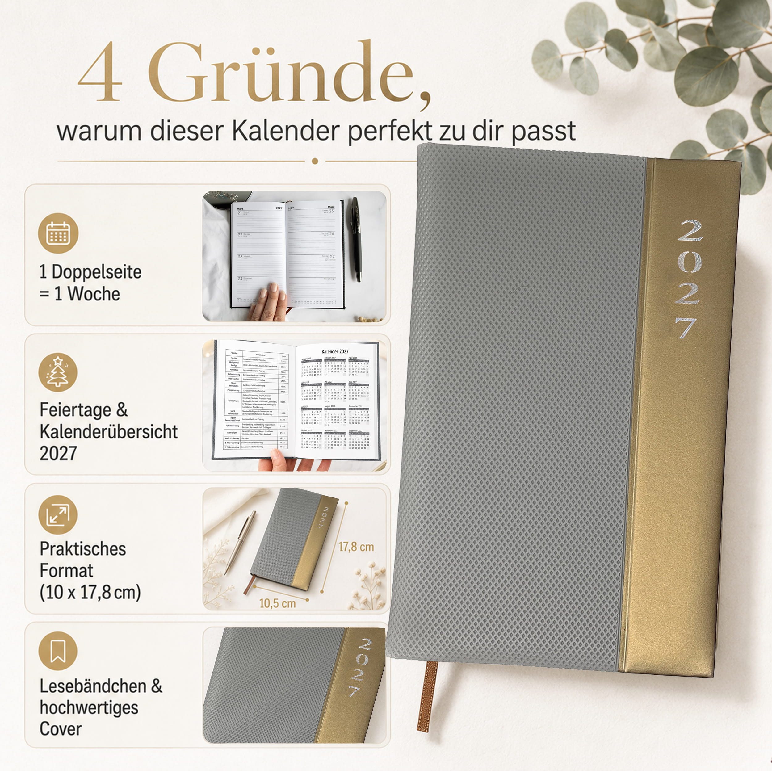 AMLI Taschenkalender Taschenkalender 2027 A6 Lang 1 Woche 2 Seiten Softtouch Silber, A6 Lang 10,5x17,8 cm, Softtouch, Leseband, Ferien & Feiertage – Bild 2 von 5