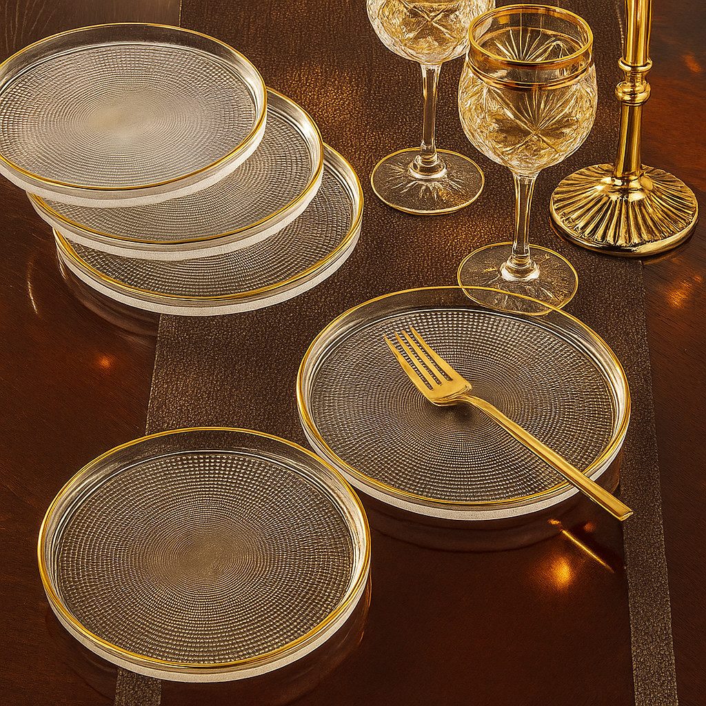 Jungengel Dessertteller 6er Set Glas mit Goldrand Kuchenteller Glasteller Vorspeisenteller, (6 St), Edles 6er Glas Dessertteller mit Goldrand, stapelbar & pflegeleicht