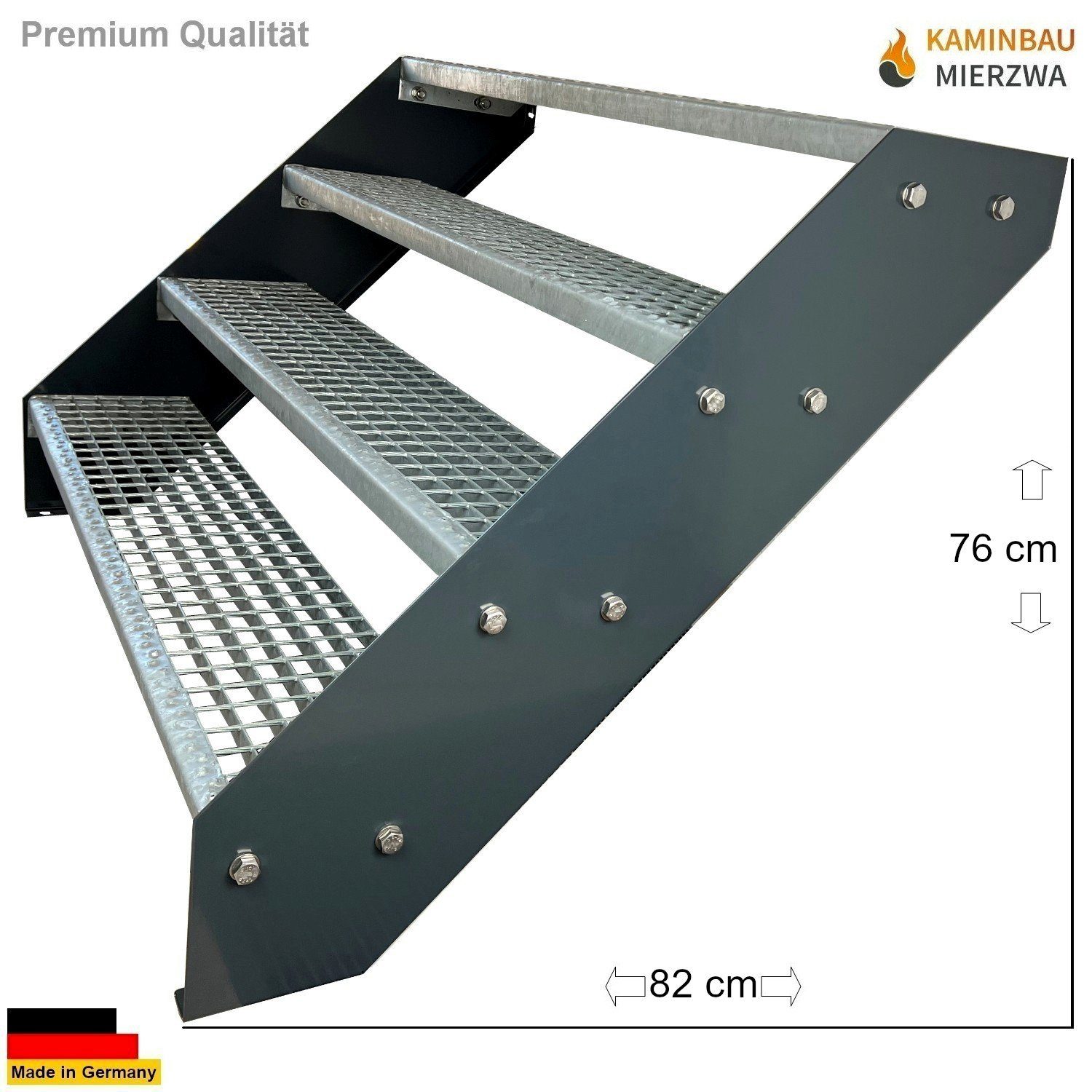 Kaminbau Mierzwa Außentreppe Premium Treppe Komplett Anthrazit Höhe Verstellbar, für Geschosshöhen bis 76 cm, Stufen Gitterroststufen nach DIN 24531, (Höhe 76 cm, Breite wählbar aus 60, 80, 100, 120, 140 cm), Gartentreppe Stahltreppe Wetterfest Rostfrei Feuer-Verzinkt Rutschfest