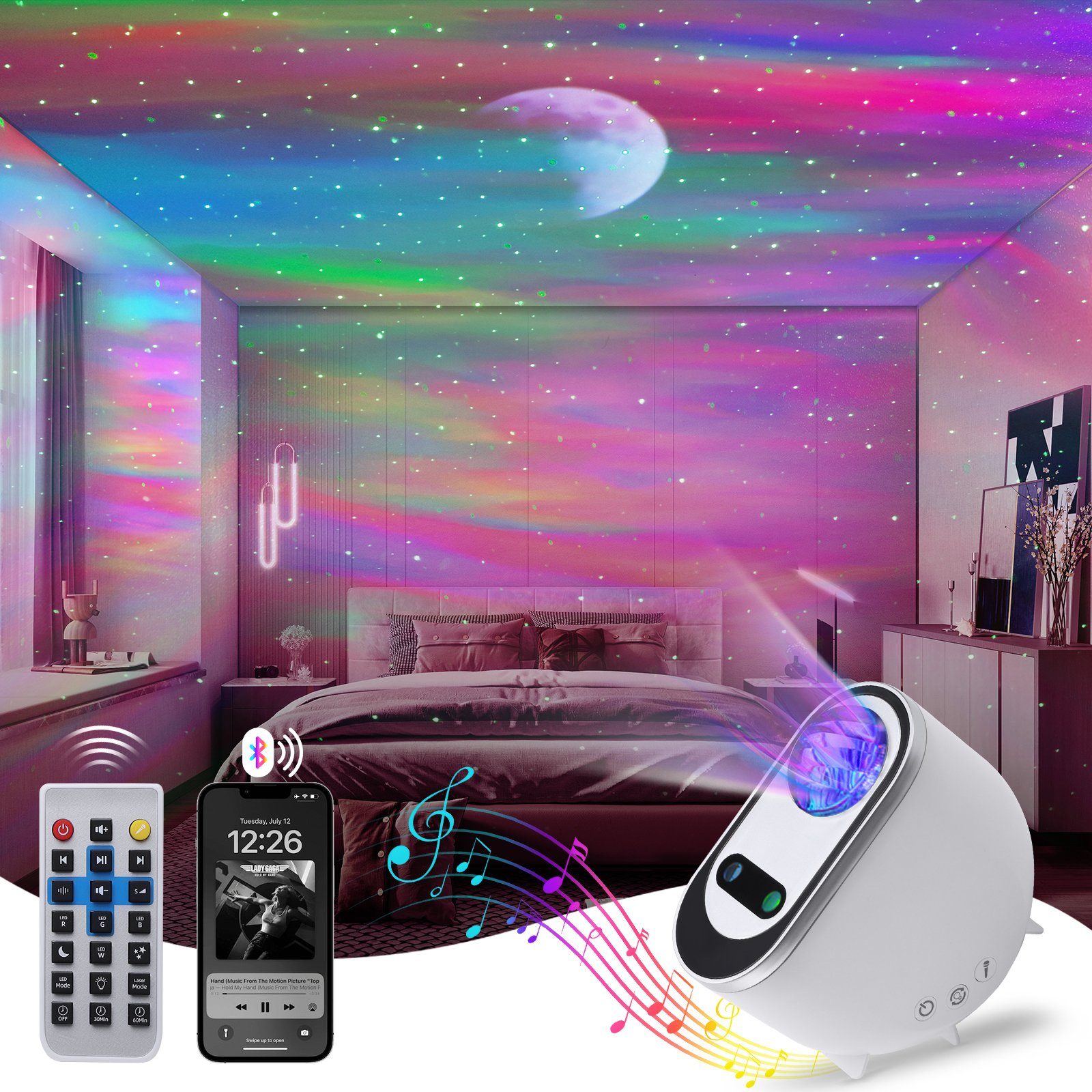 Sternenhimmel Projektor Projector Kinder, LED Projector XERSEK LED mit Farbwechsler, LED musik,Galaxy Weiß Nachtlicht