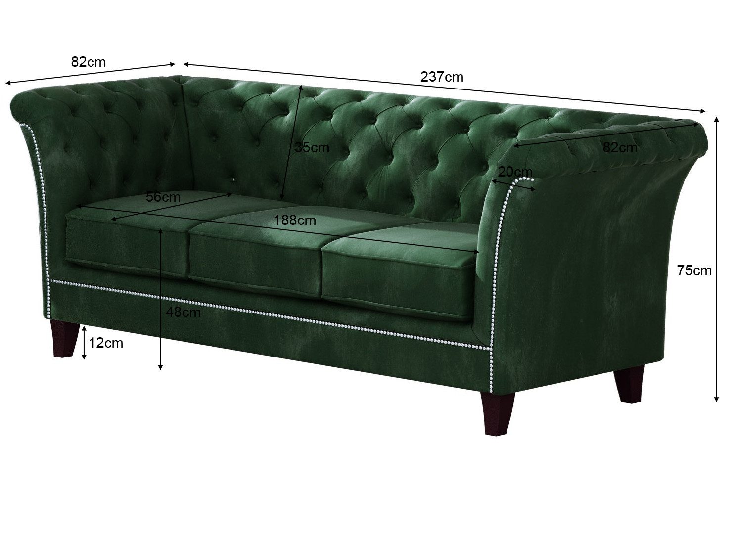 S-Style Möbel Chesterfield-Sofa 3-Sitzer Rainsburg aus Samt-Stoff mit Holzfüßen, mit Wellenfederung