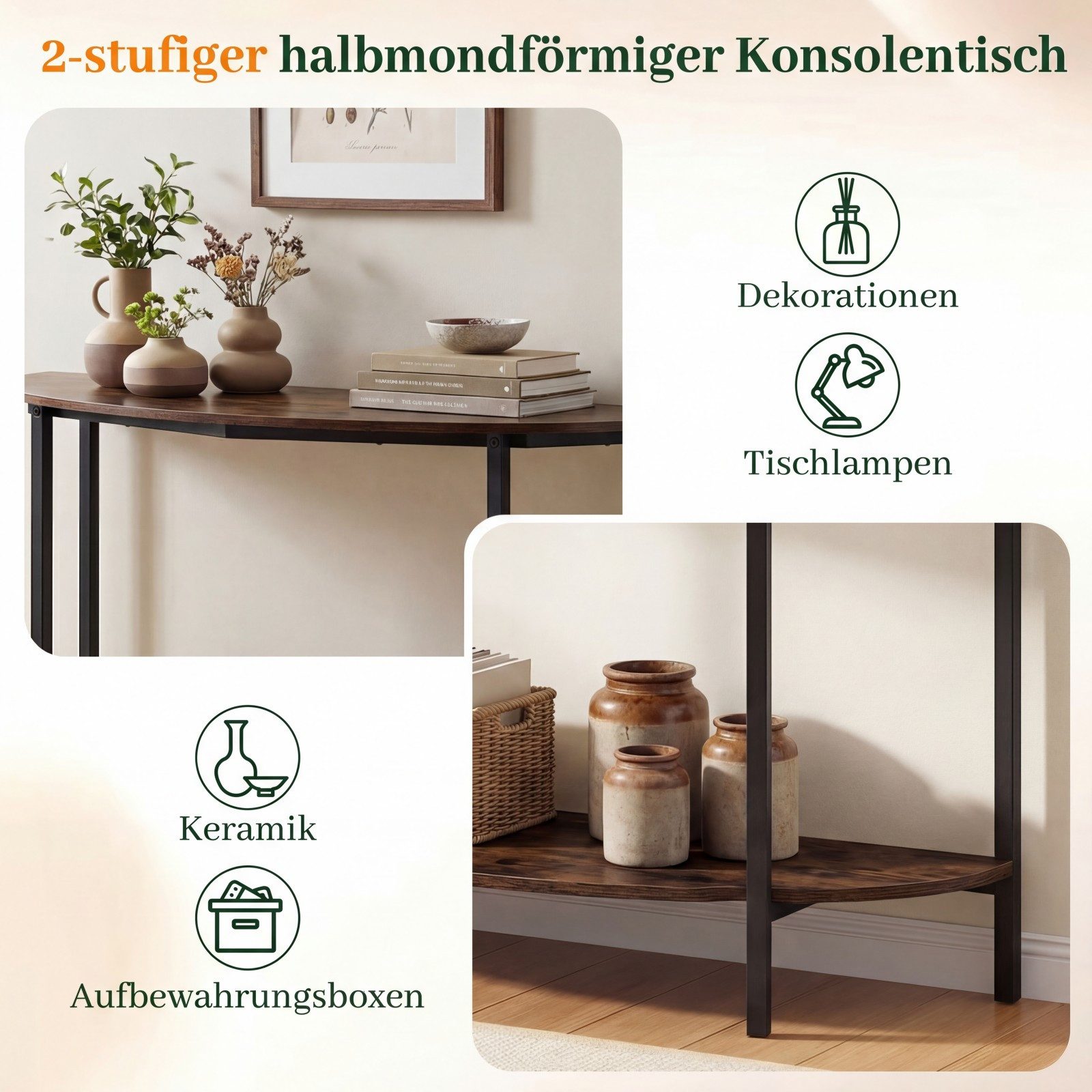 COSTWAY Konsolentisch, schaml halbrunder Flurtisch mit 2 offenen Ablagen 100cm