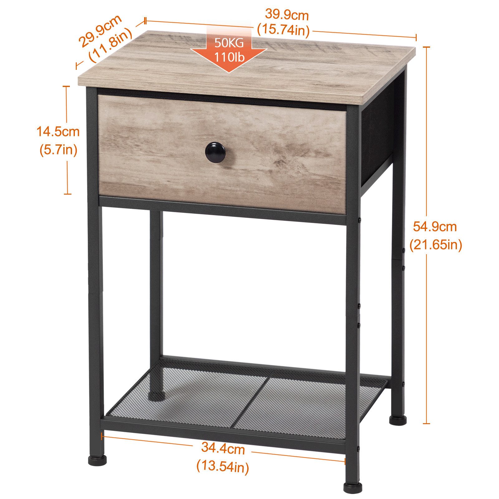 AMHANCIBLE Nachttisch 2er-Set im Industriestil, mit Schublade und offenem Ablagefach (2-St), Beistelltisch mit stabilem Metallrahmen, Maße 40×30×55 cm