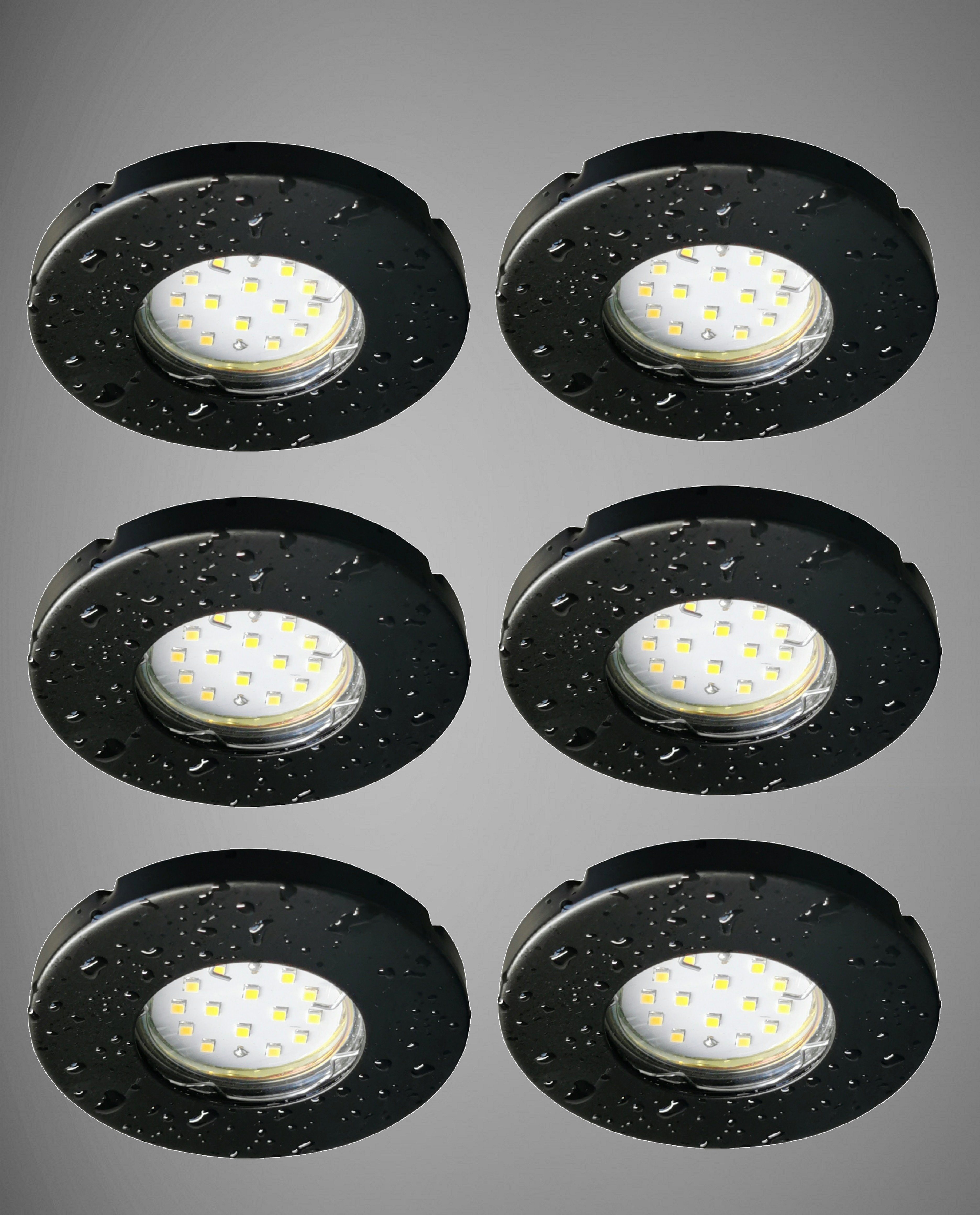 Set flach Einbautiefe LED Einbauspot für IP44 6x TRANGO Schwarz Schwarz LED nur Außen, Badeinbaustrahler in Ultra Edelstahl Einbaustrahler, Stufen aus Rund 6er matt Bad, LED 6729IP-065MOSD Dimmfunktion, Modul Deckenstrahler, dimmbar incl. 3 3cm
