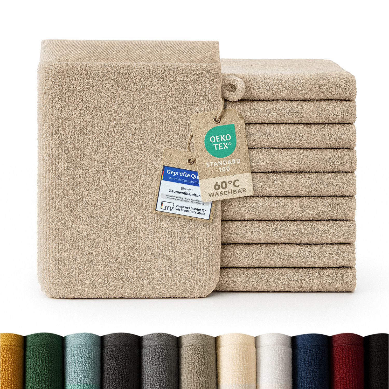 Blumtal Waschhandschuh 10er Set aus Frottee 15x20 cm - weich und saugstark, (Set), mit modischer Bordüre und praktischer Aufhängeschlaufe, 100% Baumwolle