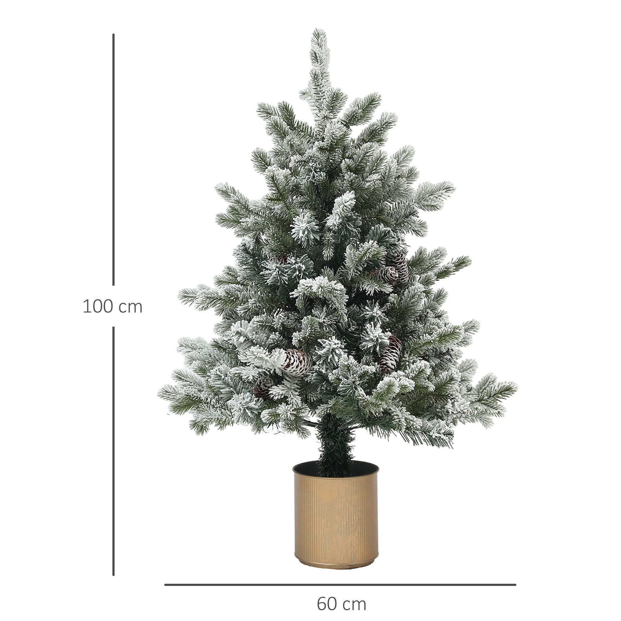 HOMCOM Künstlicher Weihnachtsbaum 100 cm, mit 130 Spitzen, Kunstschnee, Blumentöpfe, flammenhemmend, Künstlicher Baum, für Weihnachten Deko, grün+gold