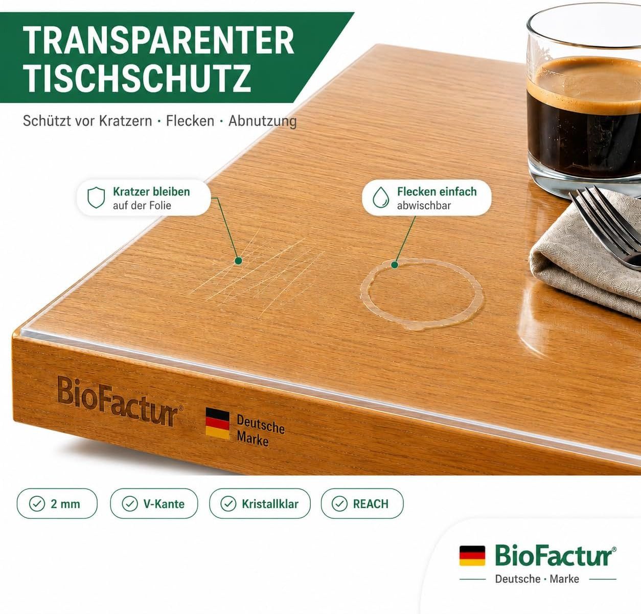 Biofactur Tischdecke Tischfolie Transparent Glasklar 2 mm, 45° V-Kante, Schutzfolie (Packung), Kratzfest, geruchlos, abwaschbar, lebensmittelecht, REACH-konform