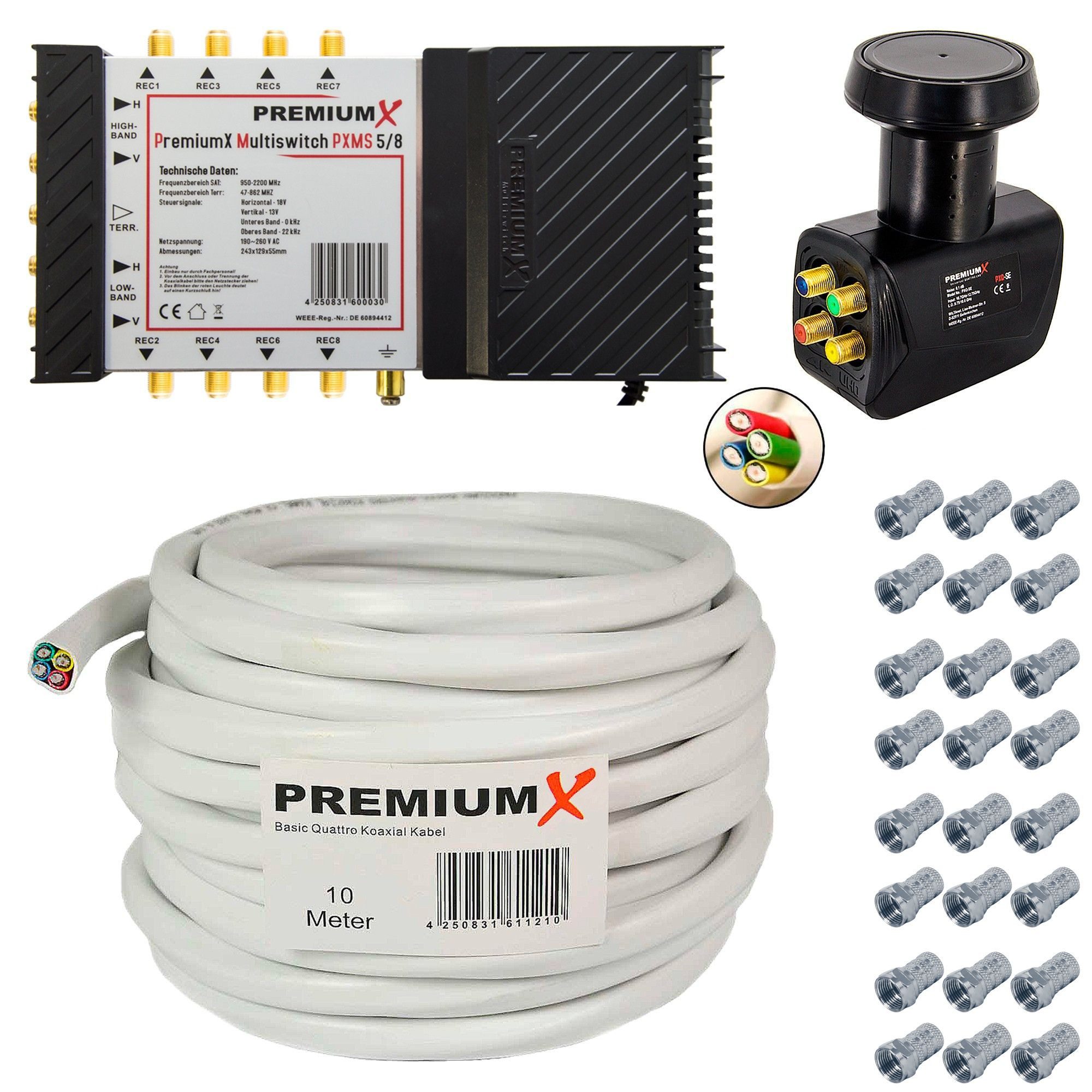 PremiumX Сат мультисвитч Multischalter SAT 5/8 Netzteil 10m Quattro Antennenkabel Quattro LNB