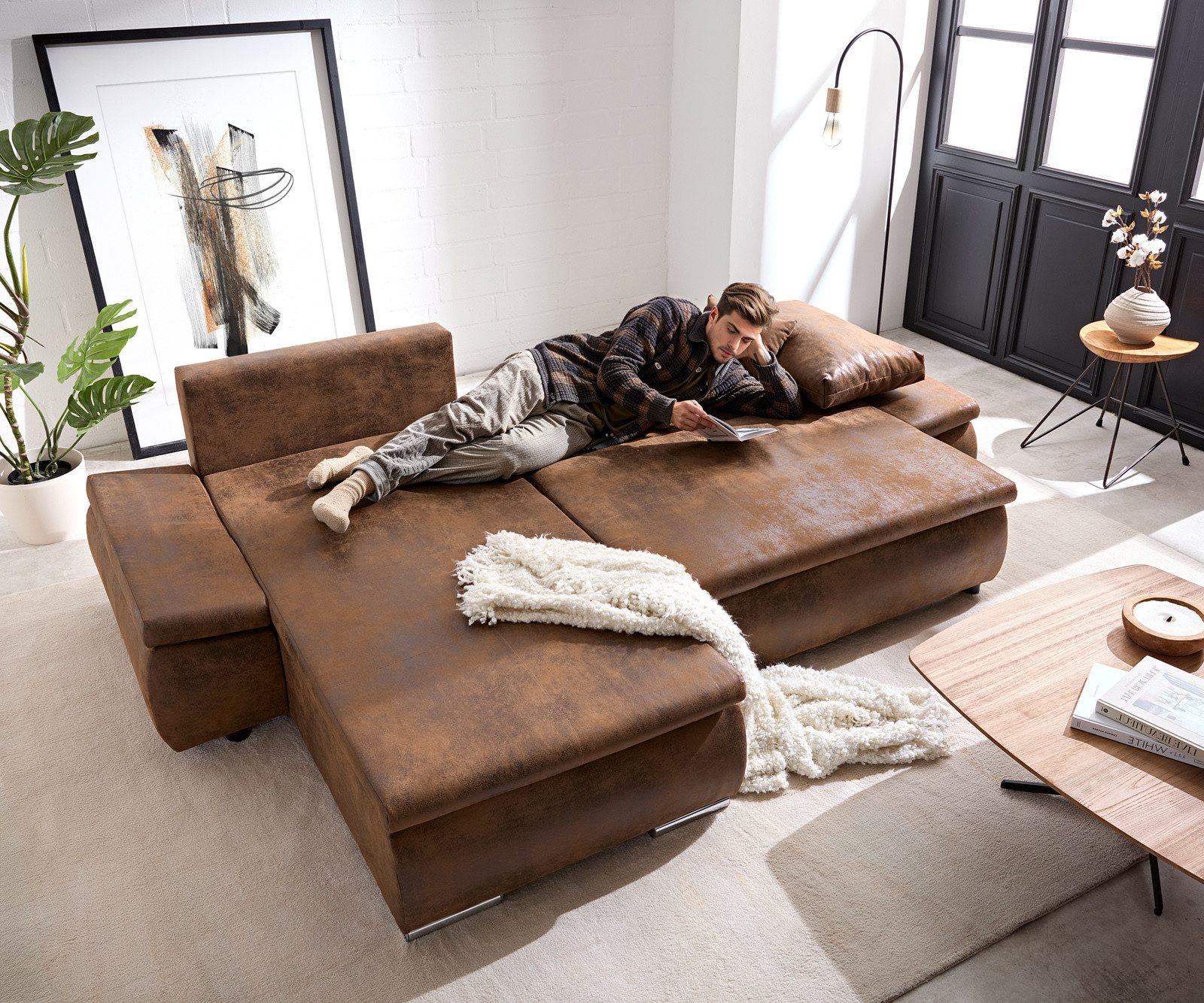 DELIFE Schlafsofa Abilene, Braun 260x175 mit Bettfunktion Ottomane variabel Ecksofa, Schlaf Couch
