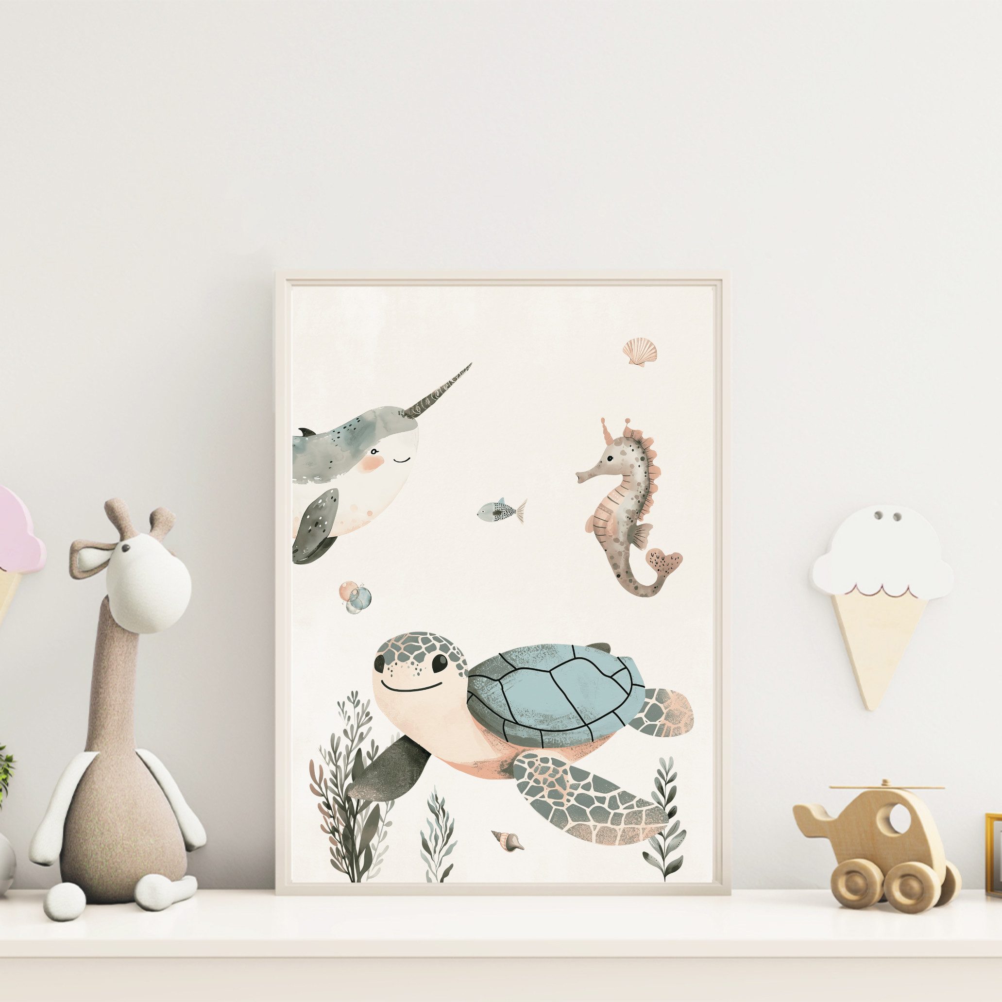 MeinBaby123® Poster Kinderzimmer Meerestiere, Kinderzimmer Deko, Kinderzimmer Bilder, Unterwasserwelt, süßer Wal, Schildkröte, Qualle – Bild 3 von 5