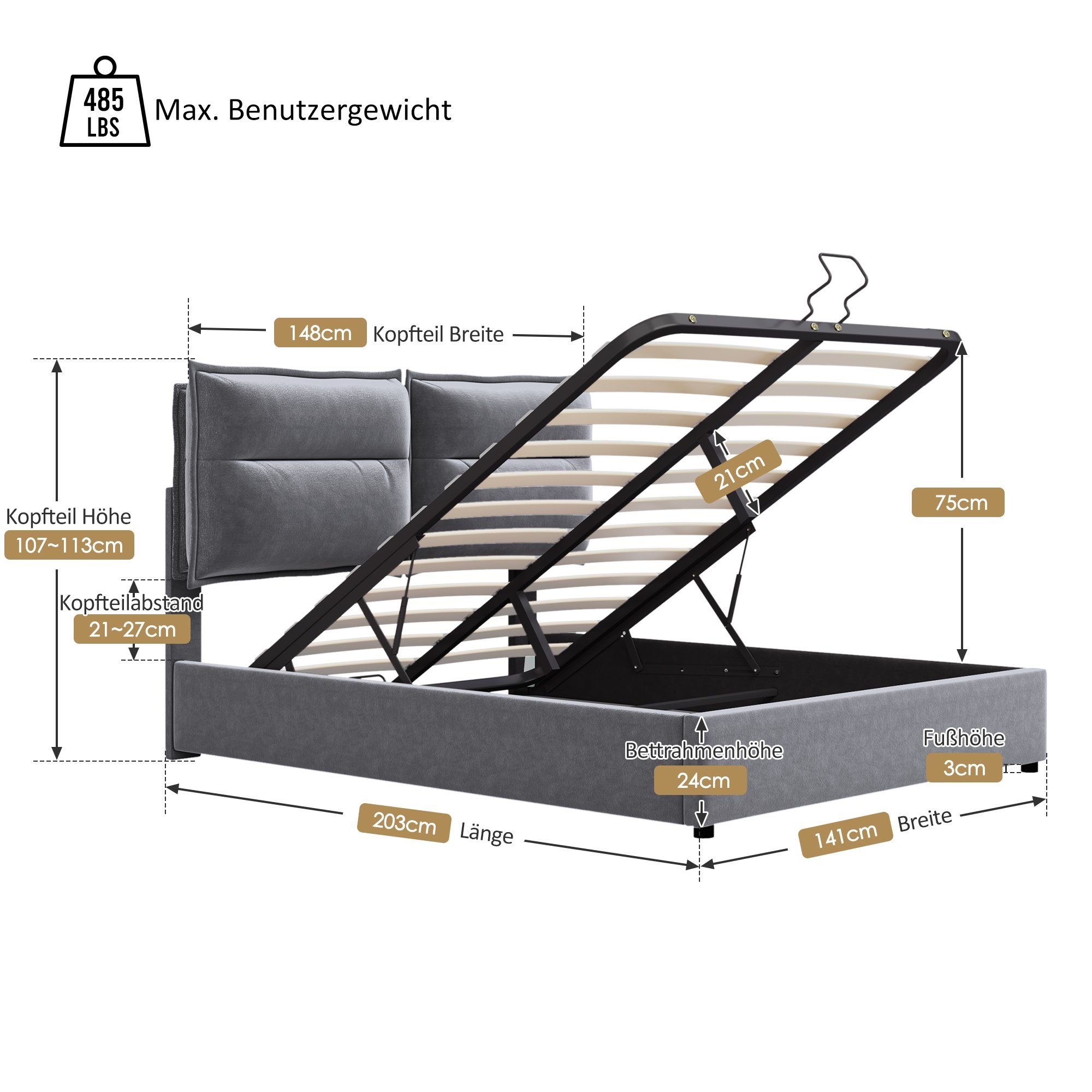 Ulife Boxspringbett Grau Polsterbett hydraulisch Doppelbett Funktionsbett 140x200cm Samt, mit Lattenrost, verstellbarem Kopfteil