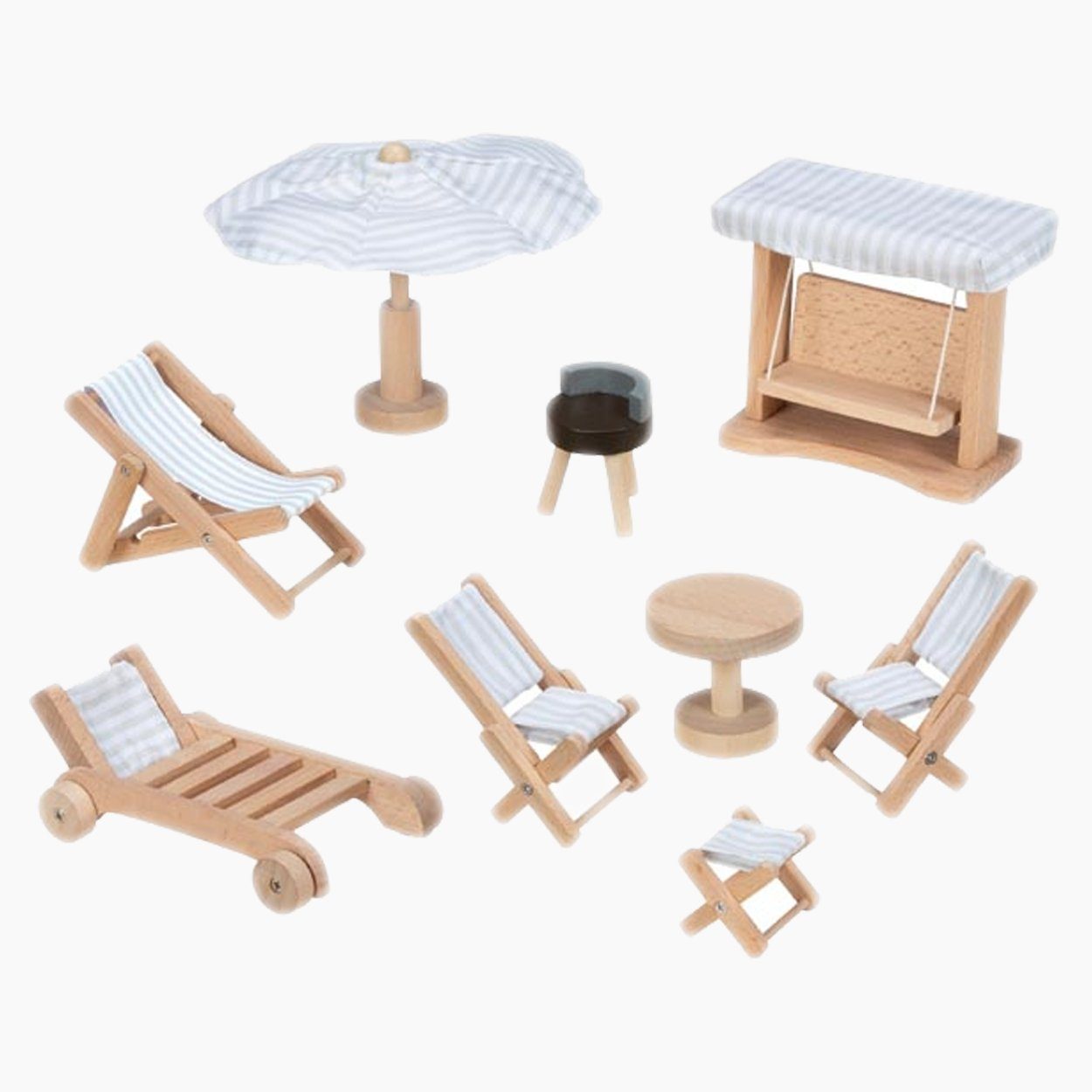 goki Меблі для лялькового будиночка Puppengartenmöbel Weiß (9tlg., 9-teiligen Set), mit Grill, über Liegestühle und Sonnenschirm