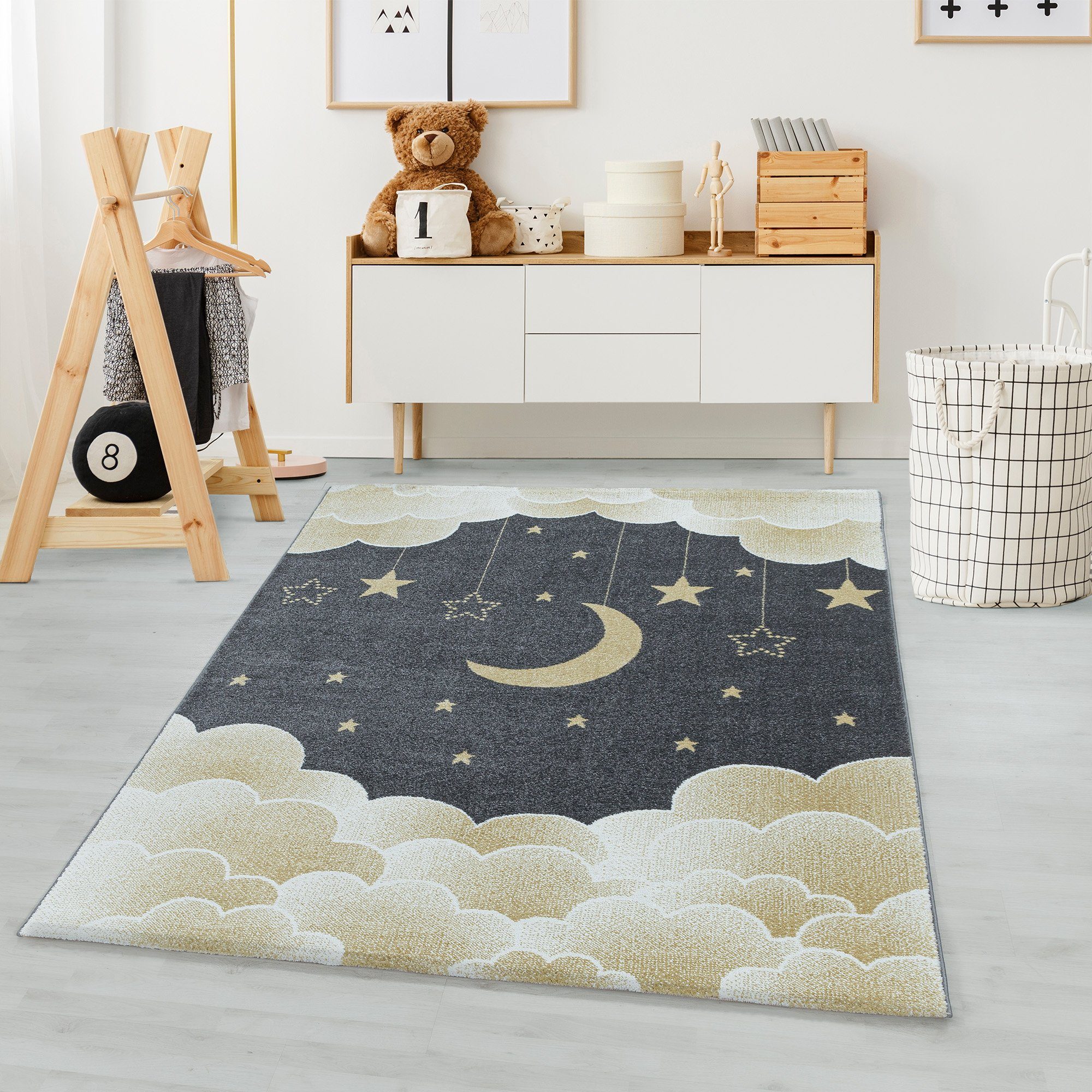Kinderteppich Mond- und Sterne Design, Carpetsale24, Läufer, Höhe: 11 mm, Teppich Kinderzimmer Mond- und Sterne Design Pflegeleicht