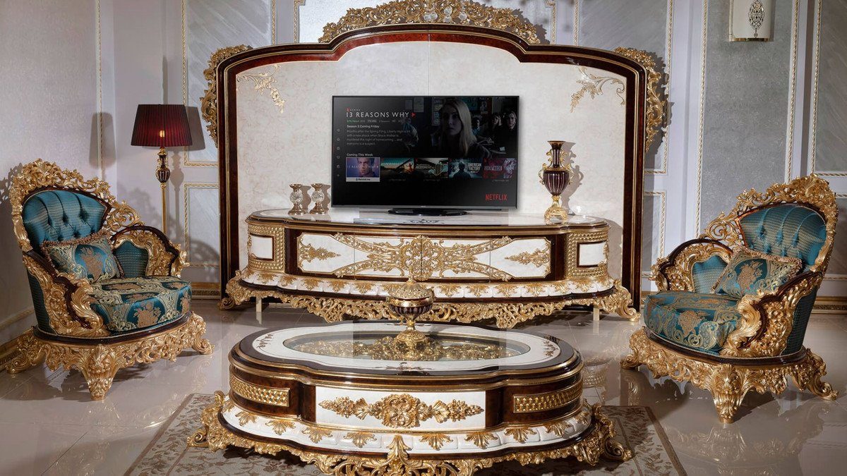 Casa Padrino TV-Schrank Luxus - Möbel Rückwand Barock Edel Prunkvoll Gold - Braun Wohnzimmer TV Sideboard Wohnzimmer & Schrank Weiß mit / Prunkvolles / Barock 