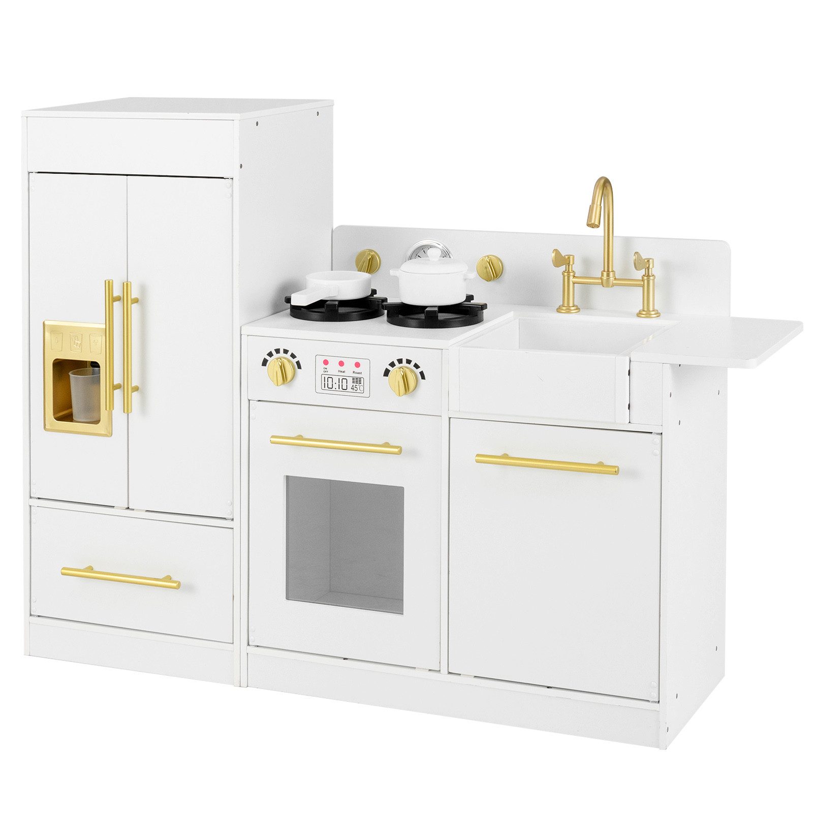 COSTWAY Spielküche Holz, Holzspielzeug-Küchenset für Kleinkinder mit Kühlschrank