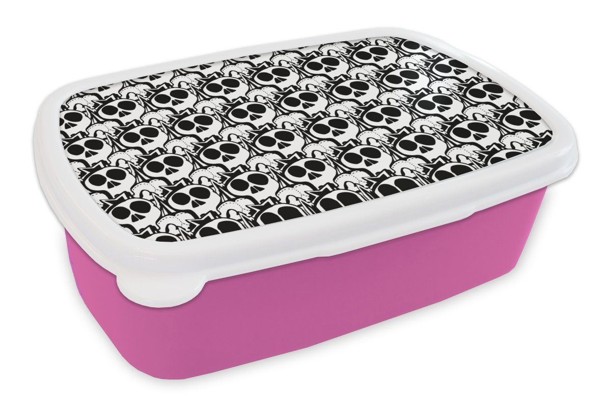 MuchoWow Lunchbox Teensy - Totenkopf - Schwarz - Muster, Kunststoff, (2-tlg), Brotbox für Erwachsene, Brotdose Kinder, Snackbox, Mädchen, Kunststoff rosa
