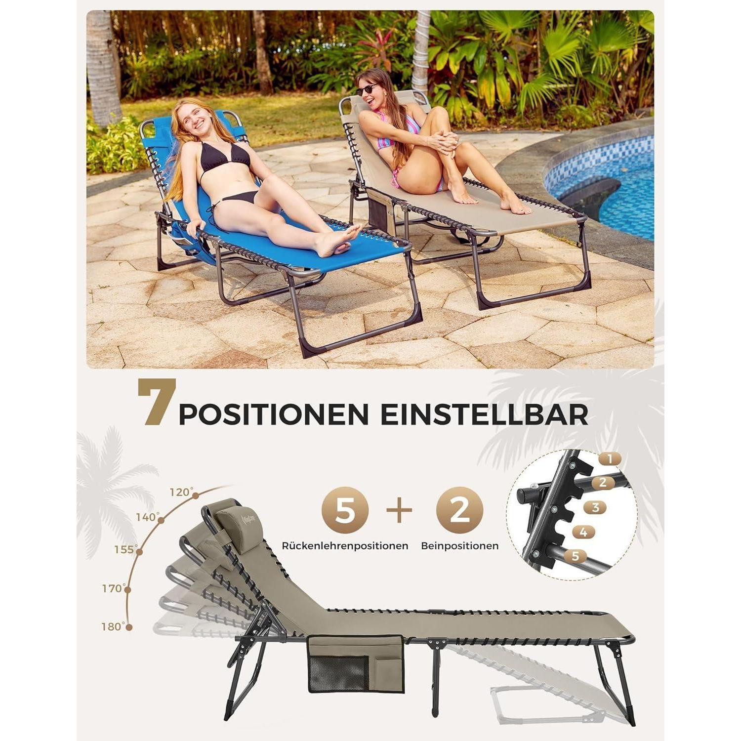 LuxusKollektion Campingliege Campingliege Sonnenliege Gartenliege verstellbar mit Kopfkissen Beige