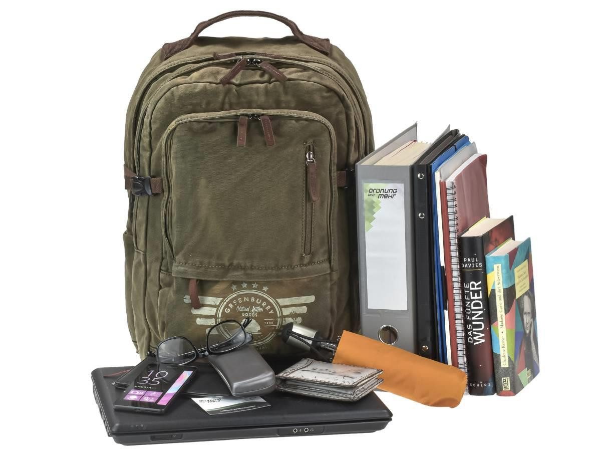 Greenburry Tagesrucksack "Aviator" Harvard 34x46cm Canvas khaki, mit Notebookfach, rustikaler Vintagestil