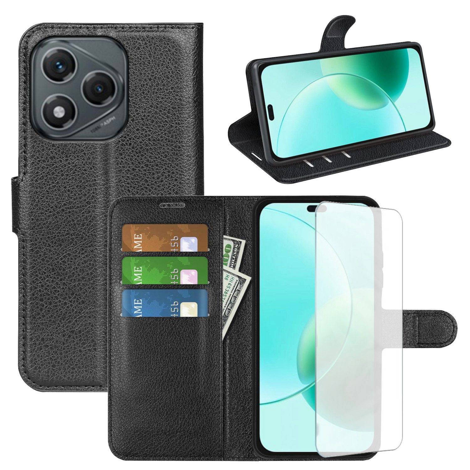 Wigento Smartphone-Hülle Für Honor 400 Lite Kunstleder Book Wallet Hülle Schwarz + 9H Hart Glas, Produktset Kunst-Leder Tasche + H9 Hart Glas
