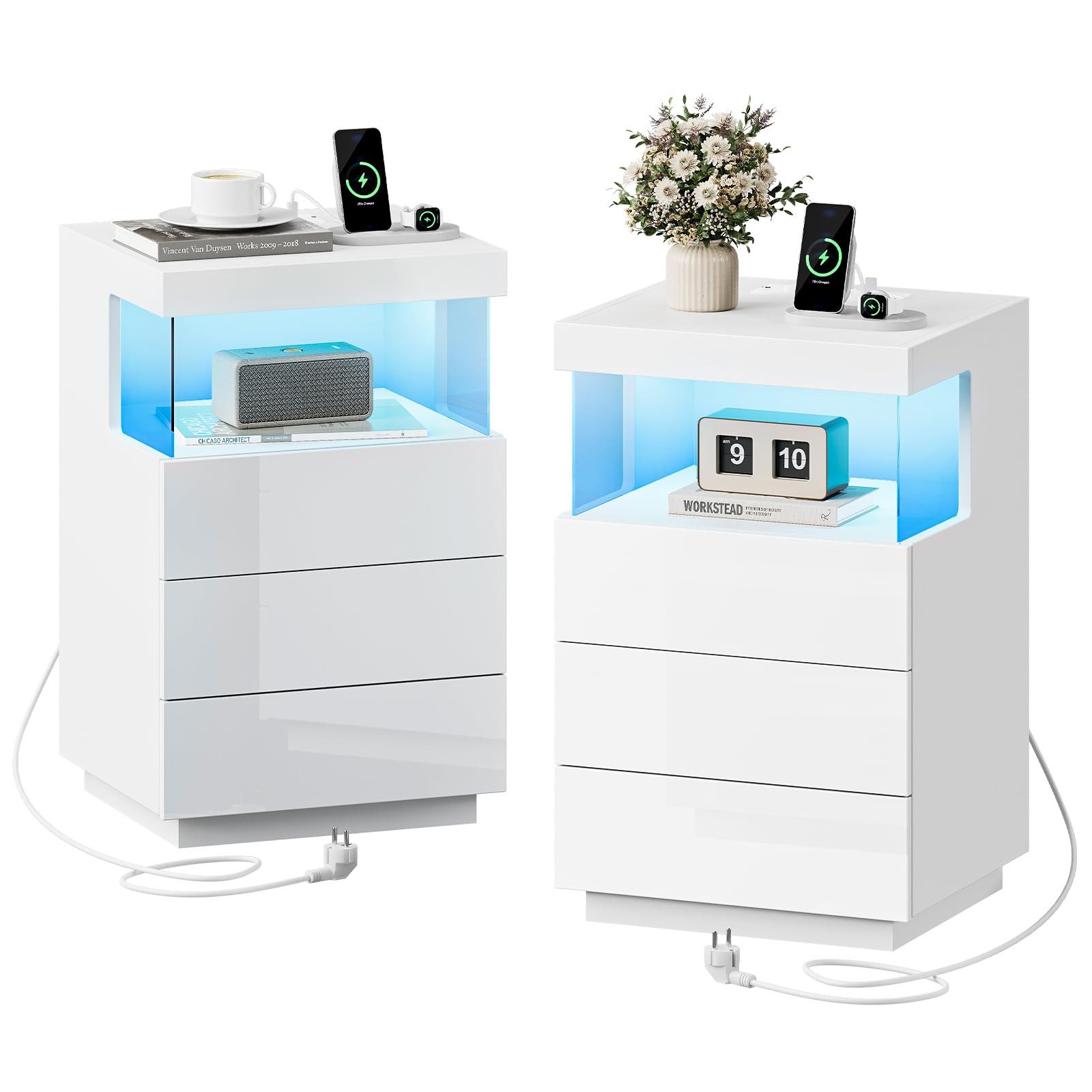 Dripex Nachttisch Nachttisch 2er Set mit Steckdose, 3 Schubladen LED Beistelltisch Weiß, Aus hochwertigen Spanplatten und MDF-Platten gefertigt