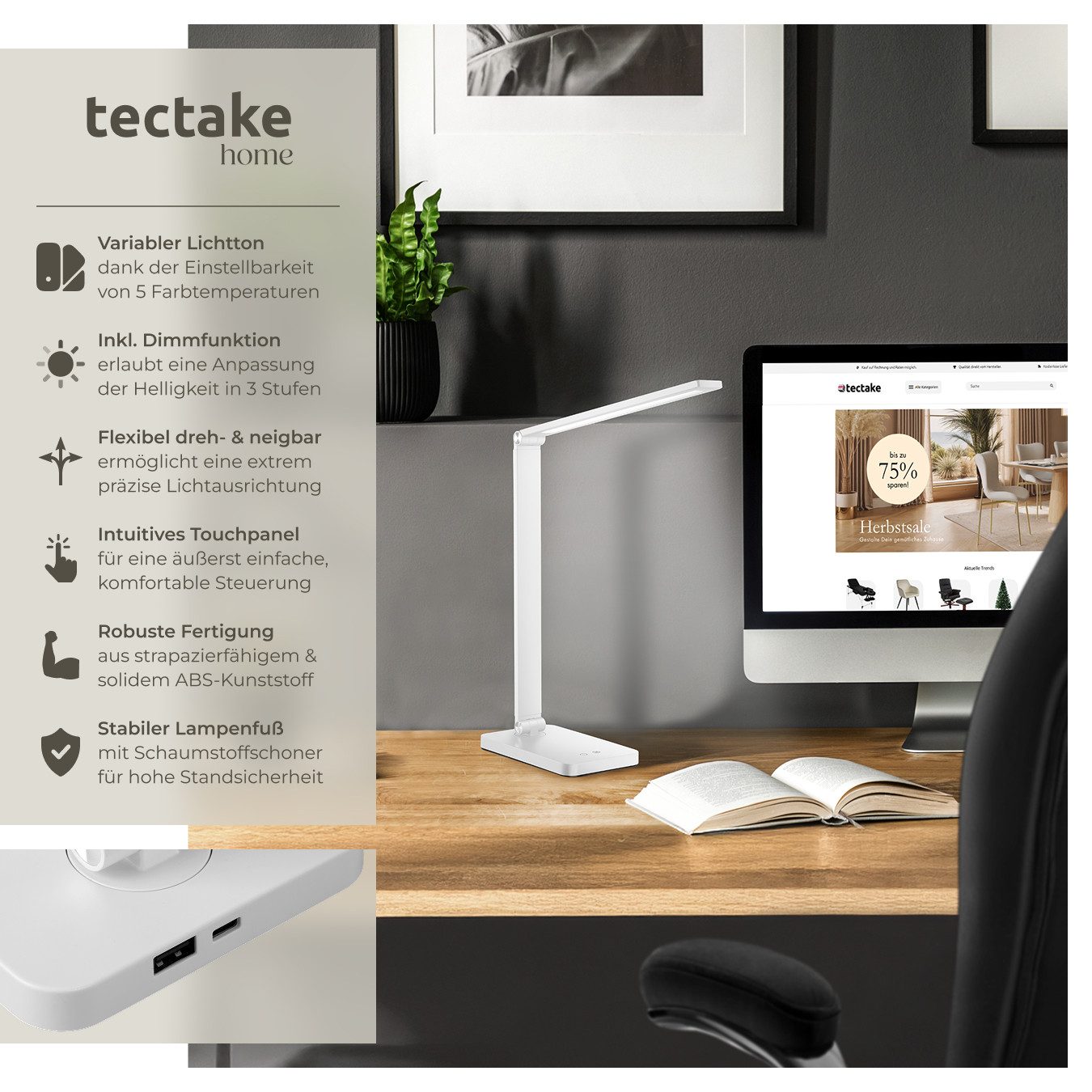 tectake Schreibtischlampe Tischleuchte Novaly, LED, dimmbar, günstig online kaufen