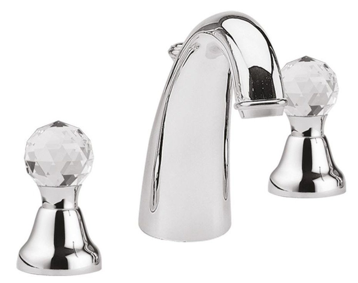 Casa Padrino Waschtischarmatur Luxus Waschtisch Armatur / Dreilochbatterie mit Swarovski Kristallglas Silber - Luxus Qualität
