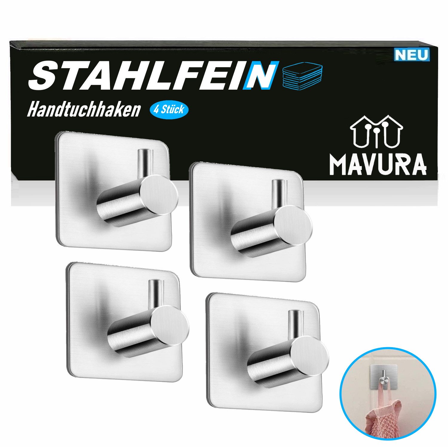 MAVURA Handtuchhaken STAHLFEIN Edelstahl Handtuchhalter Wandhaken Haken selbstklebend, Klebehaken Bad Küche ohne bohren [4er Set]